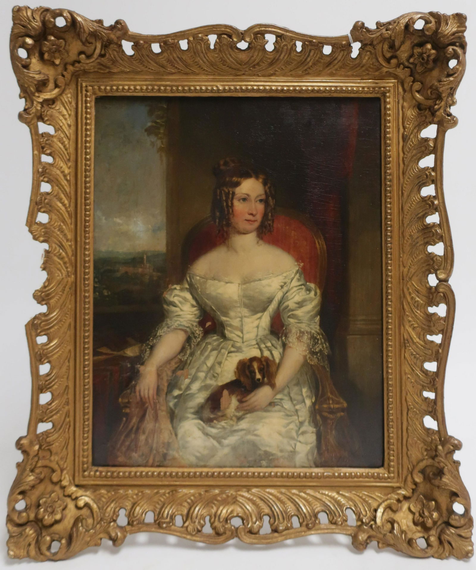 British School, Portriat of Lady w Dog, c 1840: British School, 19th century, portrait of a seated lady with her dog, oil on canvas, circa 1840. Unsigned. 14.5 x 11.5 framed 20 x 17 Property from the Estate of Madeleine Deutscher, Sutton Place, NYC