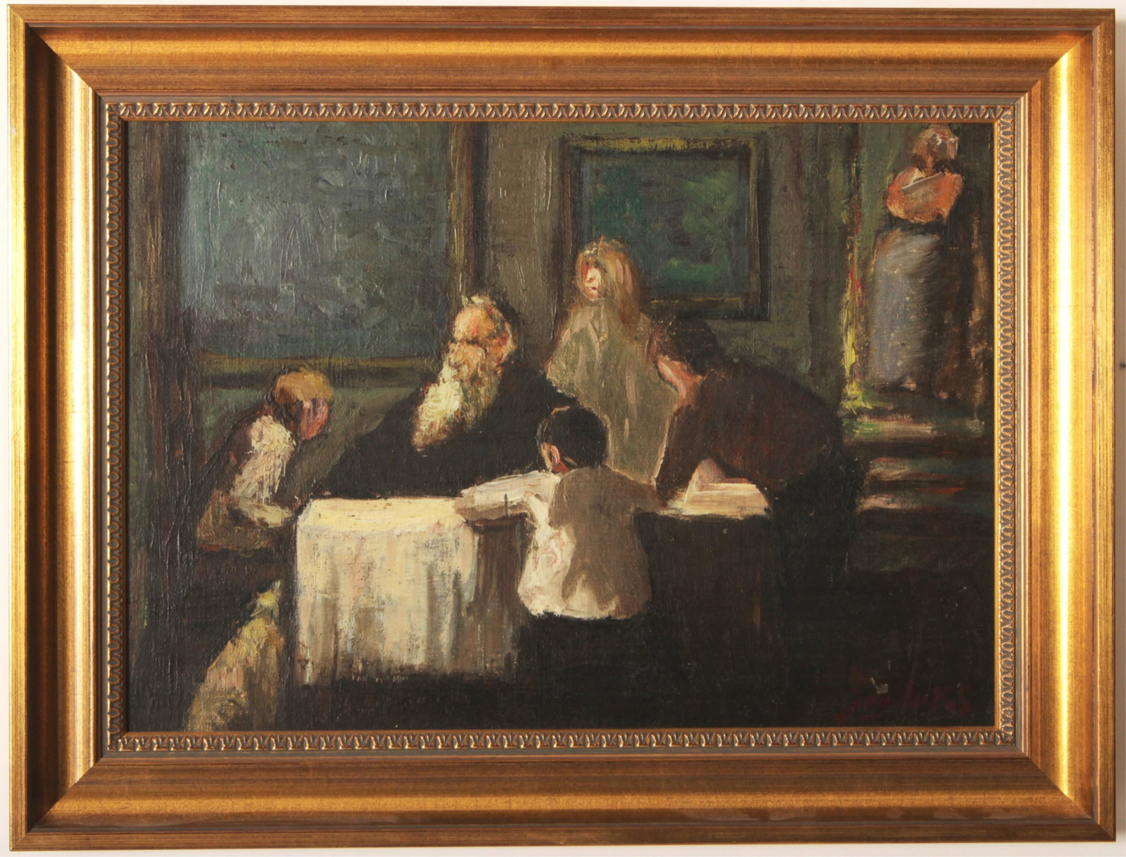 George Luks 1867-1933 Pawnbrokers Family O/B: oil on canvasboard, signed lower left, pencil inscription verso ""Pawnbroker's Family Meeting". NOTE: a known subject for Luks, the patriarch here appears to be the same figure in Christie's larger po