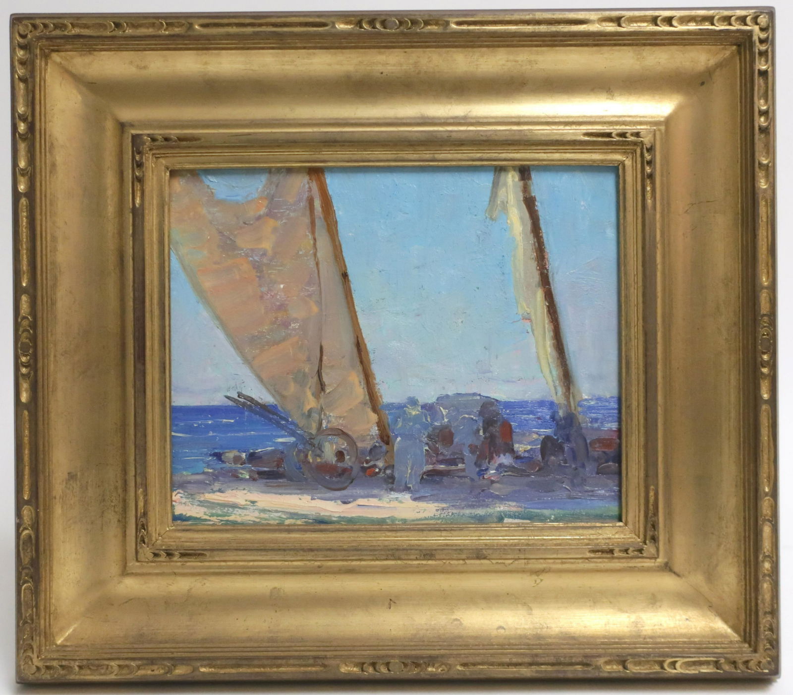 Harry Leslie Hoffman Fishing Boats w Cart O/B 1920: Harry Leslie Hoffman, American, 1871 - 1964, Impressionist oil on artist board of Beached Fishing Boats with a Cart, probably a Bahamas Scene, c. 1920, unsigned, but with stenciled estate stamp. 7.5x9
