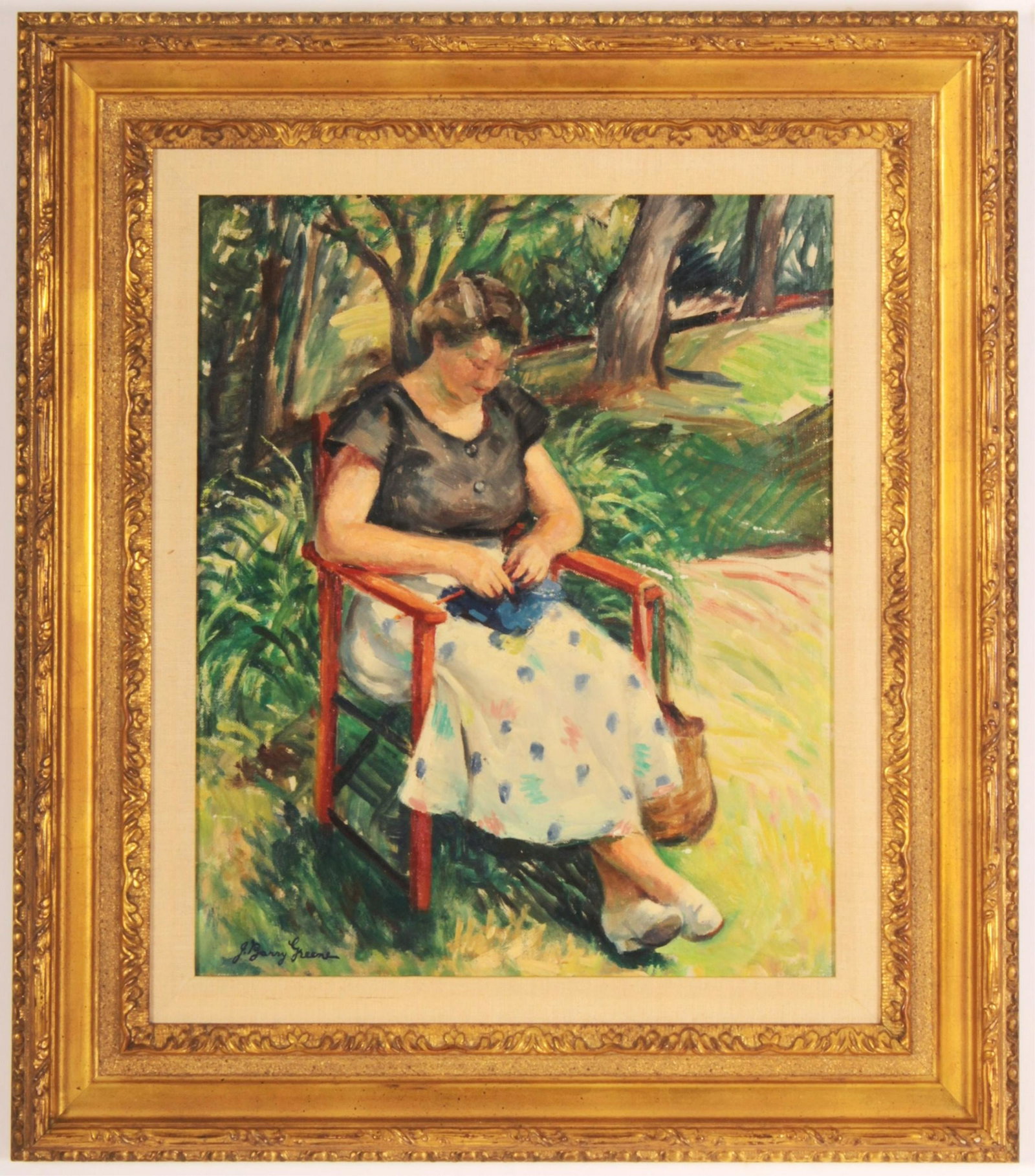 J. Barry Green, Woman Knitting in Garden, c 1930: J. Barry Green, American 1895-1966. Woman knitting in the garden, oil on board, signed. Circa 1930. 17.5 x 14.5 Framed 26 x 23 Property from the Estate of Madeleine Deutscher, Sutton Place, NYC (MADD7