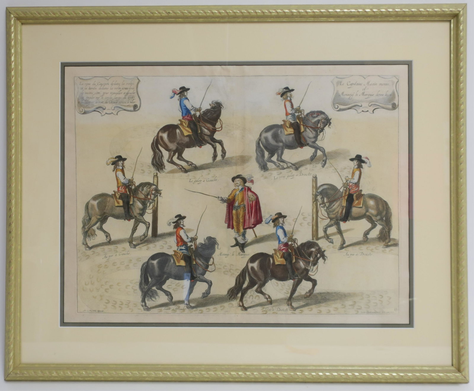 Dressage Hand Colored Engraving, 17th C: By Lucas Vorstermans II after Abraham Van Diepenbeeck. Clean, fresh double matted, decorator frame. Display ready. sight 15 7/8 x 21 1/8 framed 23.25 x 28 5/8 (BBRA10286)(JP)