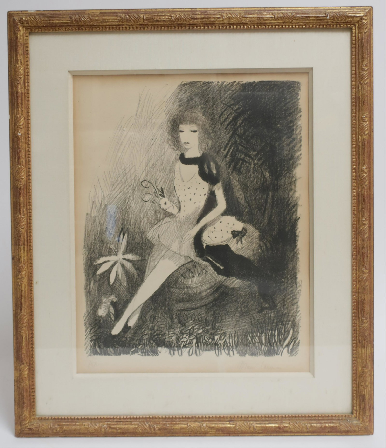 Marie Laurencin 1883-1956 Lithograph or Woodcut: "Jeunes Femmes a La Fleur" signed in pencil and numbered 76/100. Image 15 x 12, Framed 23.5 x 20 Property from the collection of Martha Rogers & Dick Cavett (MROG322)(WT)