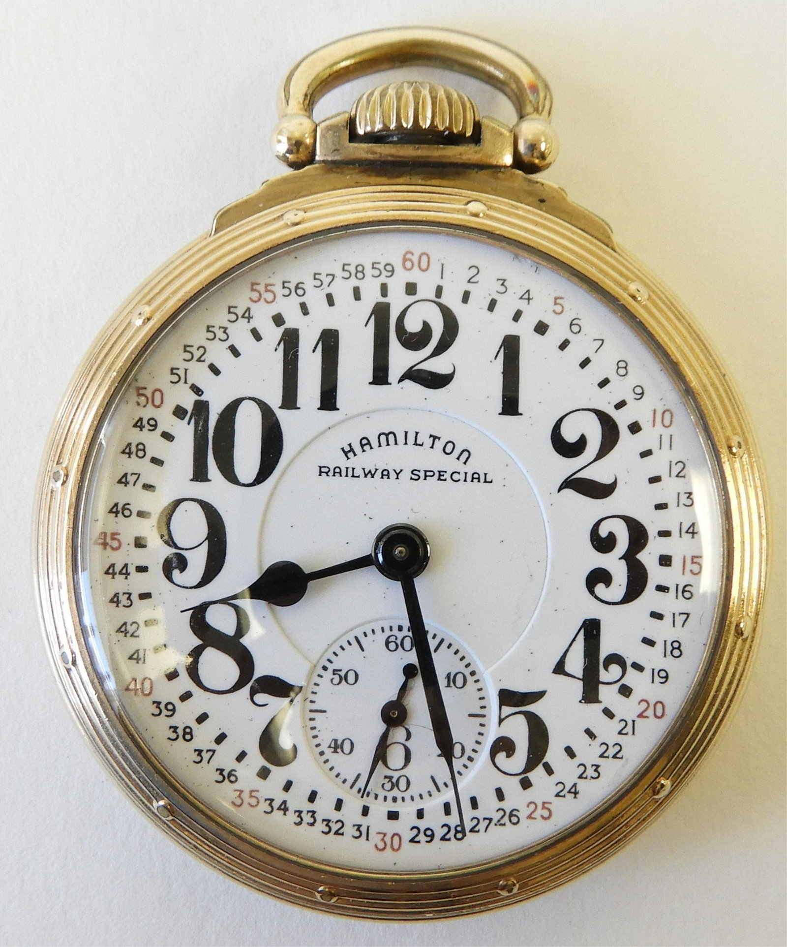 Hamilton Railway Special Pocket Watch: Open face 10k yellow gold filled “Model A” case, circa 1942, stepped white enamel dial stamped “Hamilton / Railway Special”, black Arabic numerals, red and black outer track, seconds subsidiar