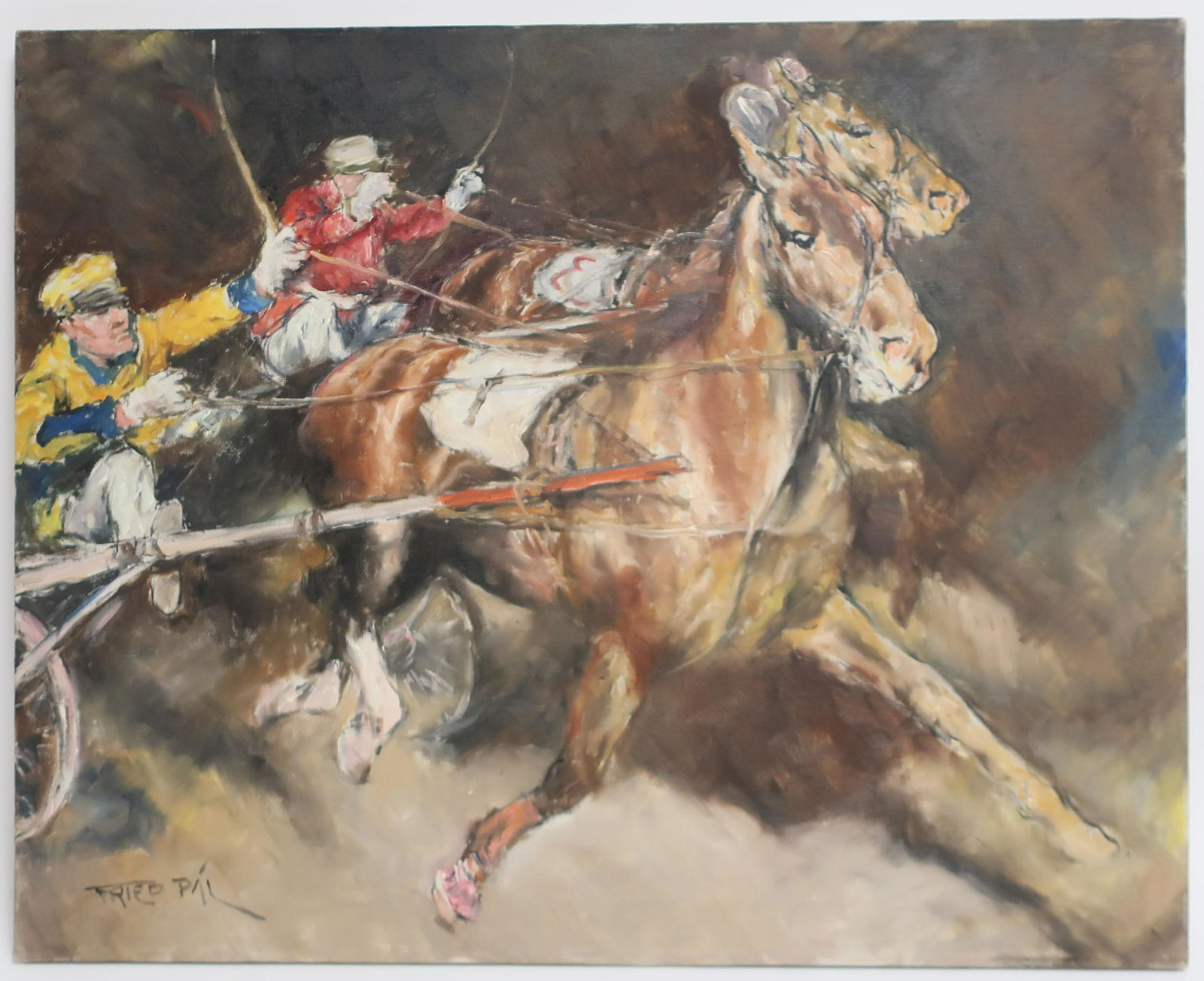Pal Fried "Harness Racing": Pal Fried, Hungarian/American 1893-1976. oil on canvas, unframed, signed. 30 by 24 Property from a 4th generation art gallery, NYC. (HEAR91047)(WT)
