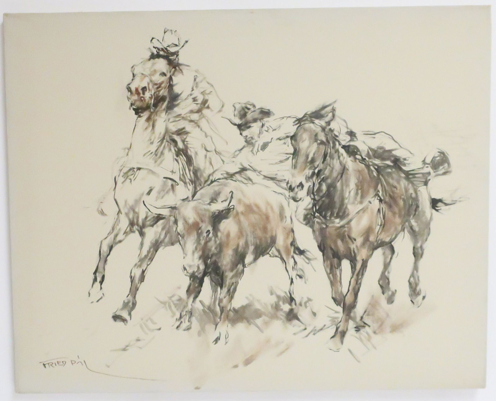 Pal Fried "Bull Riding" o/c: Pal Fried, Hungarian/American 1893-1976. oil on canvas, unframed, signed. 30 by 24 Property from a 4th generation art gallery, NYC. (HEAR91046)(WT)