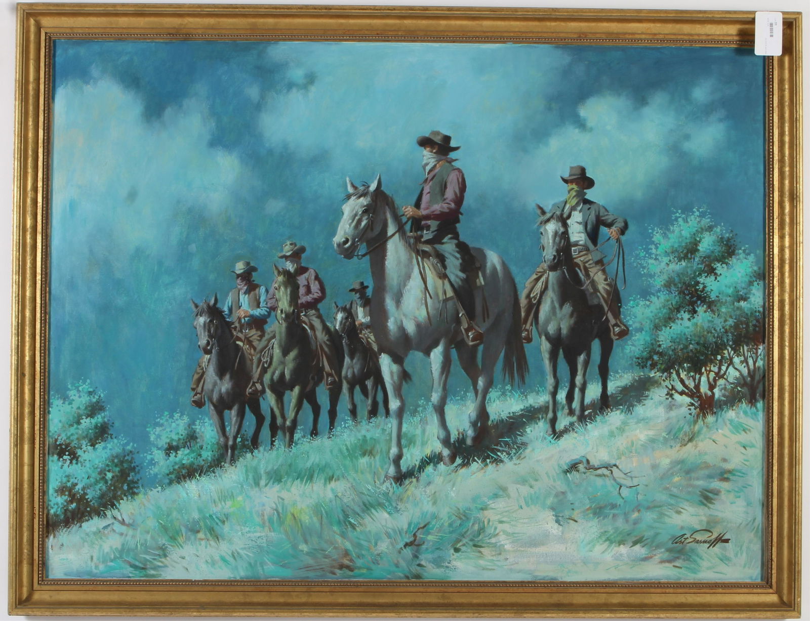 Arthur Sarnoff - Blue Cowboys, O/C: Arthur Sarnoff, American, 1912-2000, Blue Cowboys, O/C. Note: Student of John Clymer and Andrew Wyeth. The artist is known for his magazine and ad work c. 1930's-50's, clients include Karo Syrup, Luck