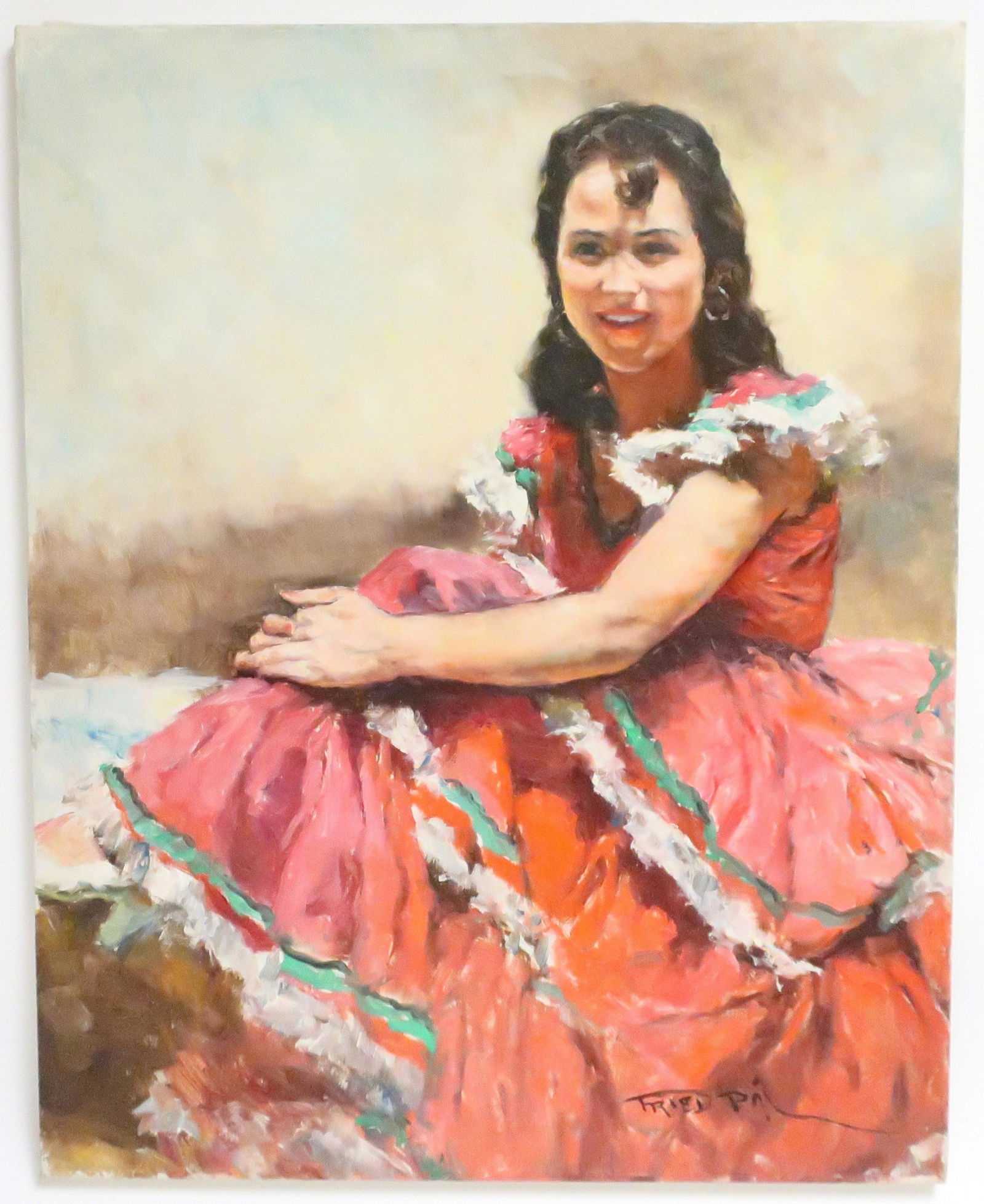 Pal Fried, "Senorita in Red Dress" o/c: Pal Fried, Hungarian/American 1893-1976. oil on canvas, unframed, signed. 30 by 24 Property from a 4th generation art gallery, NYC. (HEAR91041)(WT)