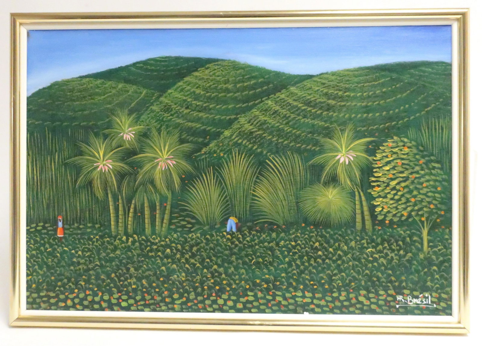 Henri-Robert Bresil - Fields & Mountains O/C: Henri-Robert Bresil, Haitian, 1952-1999, Fields and Mountains, oil on canvas 16 x 24, framed 17 1/2 x 25 1/2 (JCAN1049)(MM)