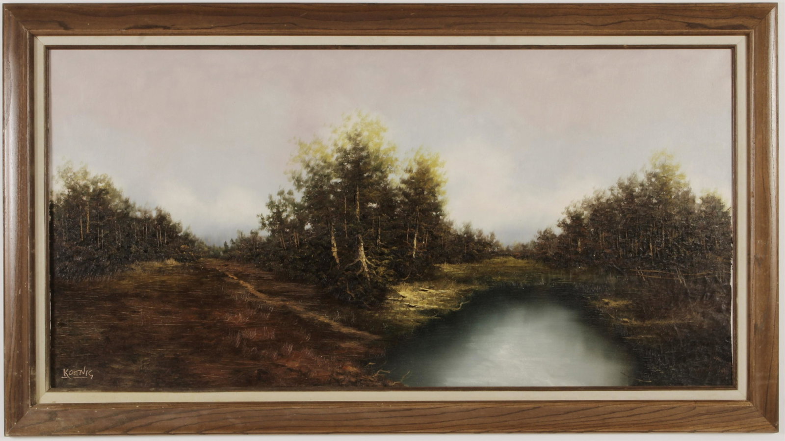 Koenig, 20th C., "Landscape of Trees and Marsh": Koenig, 20th C., "Landscape of Trees and Marsh", Oil on Canvas, signed lower left 23 1/2" x 47 1/2", frame 30" x 55" (BEL9370)(WT)