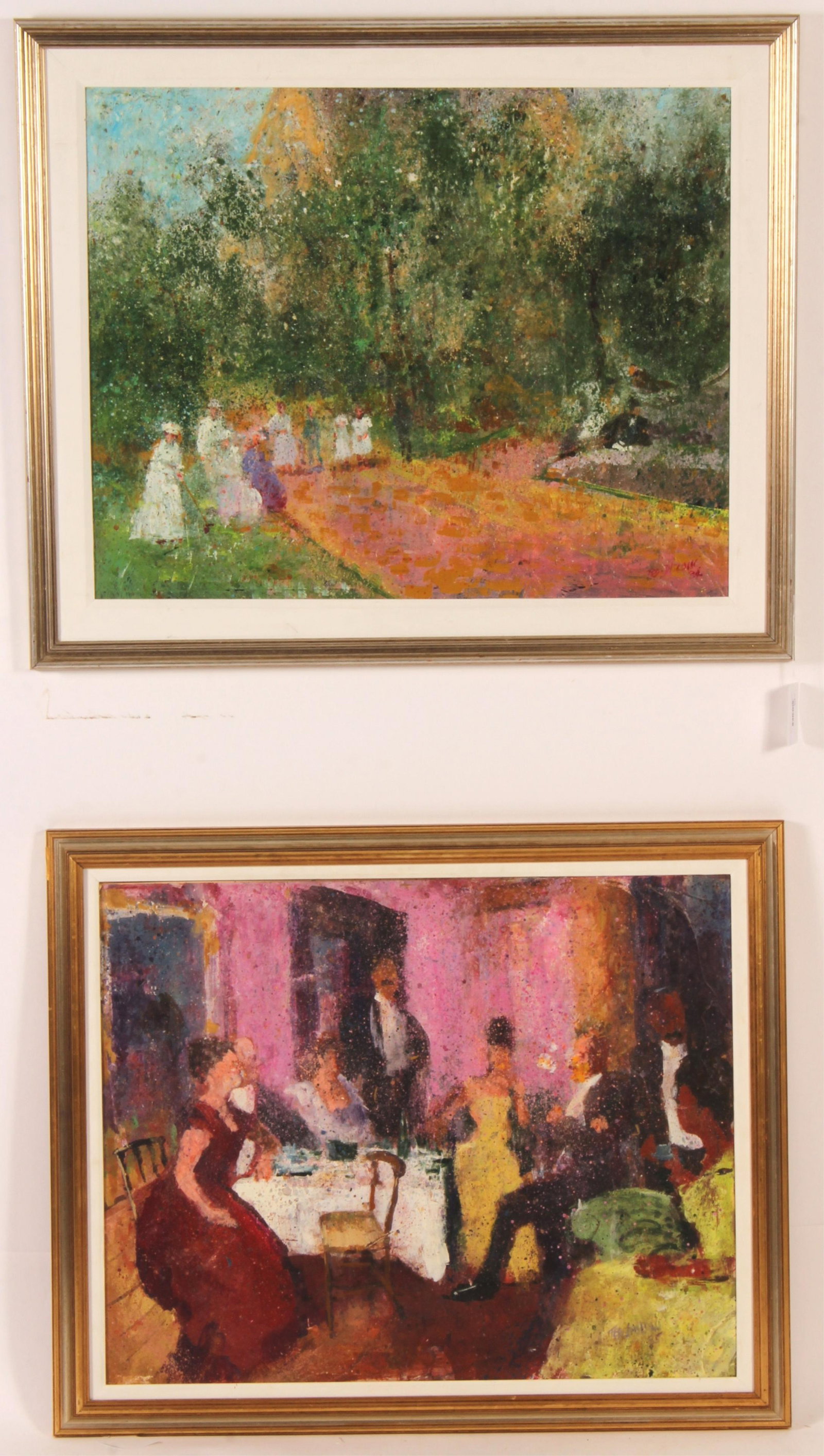 Ted Jaslow, French Garden,Midnight Supper, O/B: Ted Jaslow, Am.,b.1934, 2 paintings, French Garden & Midnight Supper, O/B. Biography: TED JASLOW was born in Brooklyn, New York, the grandson of a Russian woodcarver. He was initially interested in sc