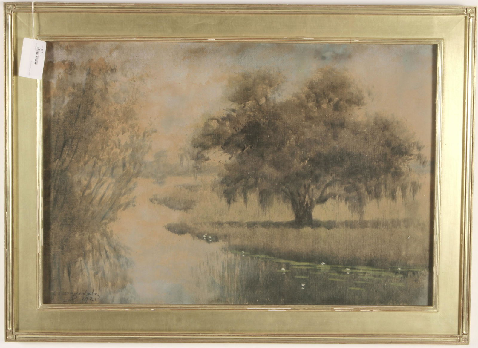 Alexander J. Drysdale, 1870-1934, Louisiana Bayou: Alexander John Drysdale, 1870-1934, Louisiana Bayou with Large Tree and Water Lilies, Watercolor, dated 1921 and signed lower left. Note: This work is under plexiglas and backed, as a result it is har