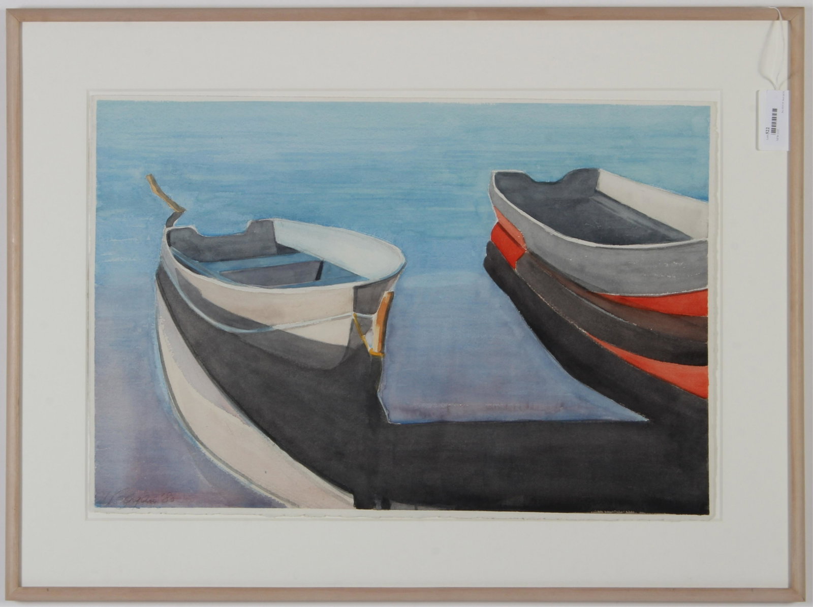 William Zingaro, Two Boats Watercolor: William Zingaro (American B. 1936)). Two Boats Watercolor. Signed lower left. 1980. Birch frame. 20 x 30 Framed: 28.25 x 37.75 Property from the Milbank Collection. (MTHM522)(EL)