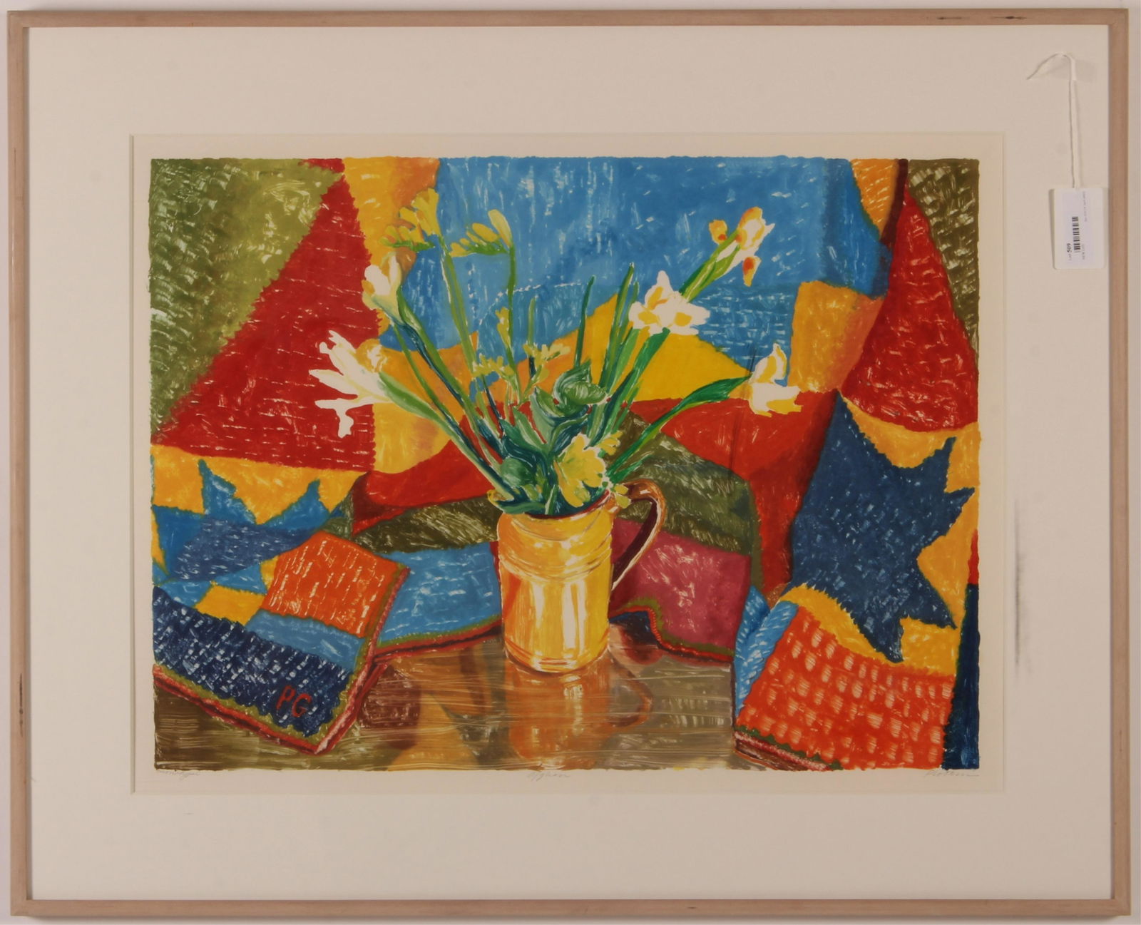 Linda Plotkin, Afghan Monoprint: Linda Plotkin (American B. 1938). Afghan Monoprint. Signed lower right. Edition 1/1. Birch frame. 21.75 x 29.25 Framed: 32.25 x 40 Property from the Milbank Collection. (MTHM509)(EL)