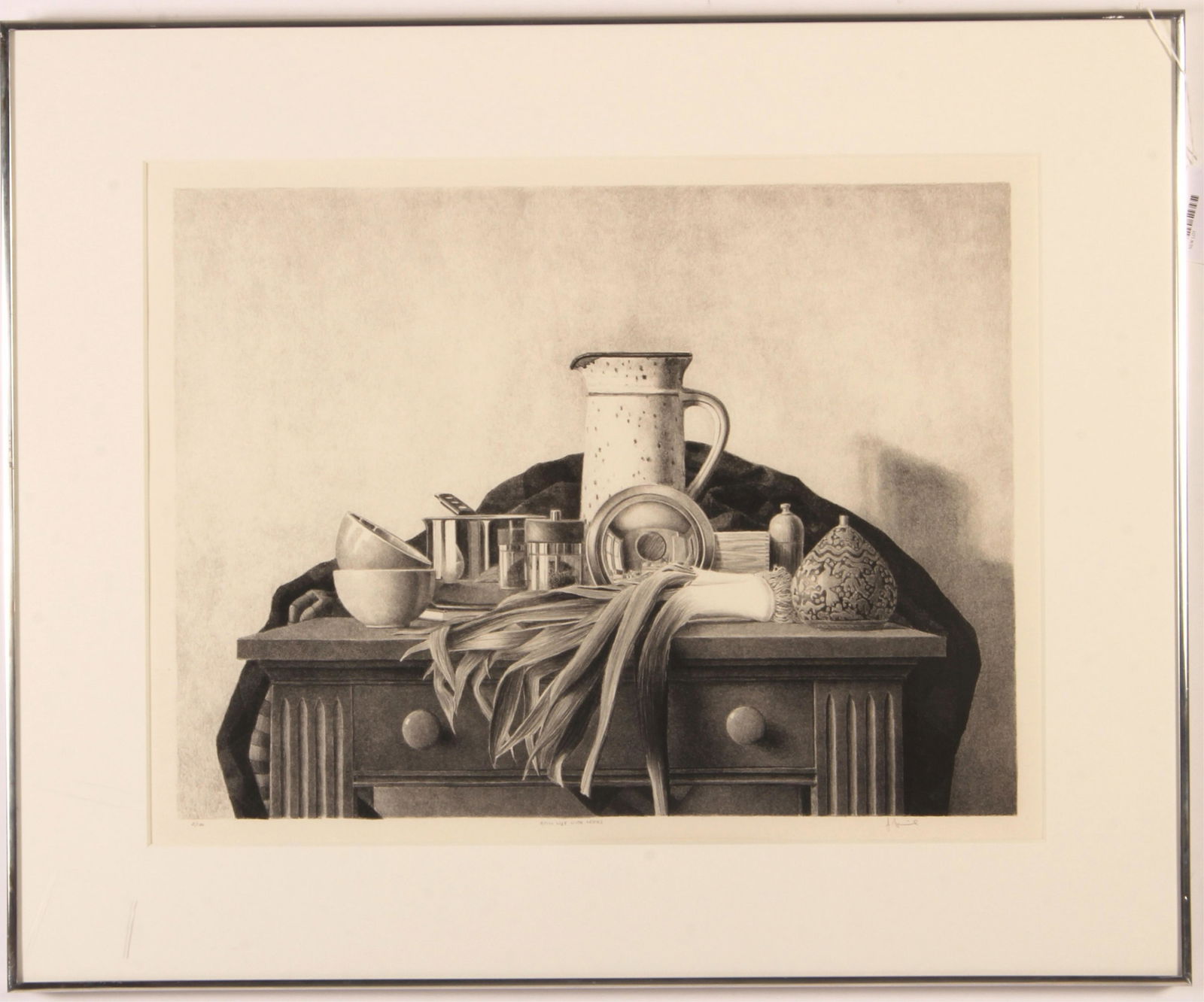 James Aponovich, Still Life with Leeks Lithograph: James Aponovich (American B. 1948). Still Life with Leeks Lithograph. Signed lower right. 1987. 5/100. Silver metal frame. 18 x 24 Framed: 27.75 x 34.25 Property from the Milbank Collection. (MTHM501)