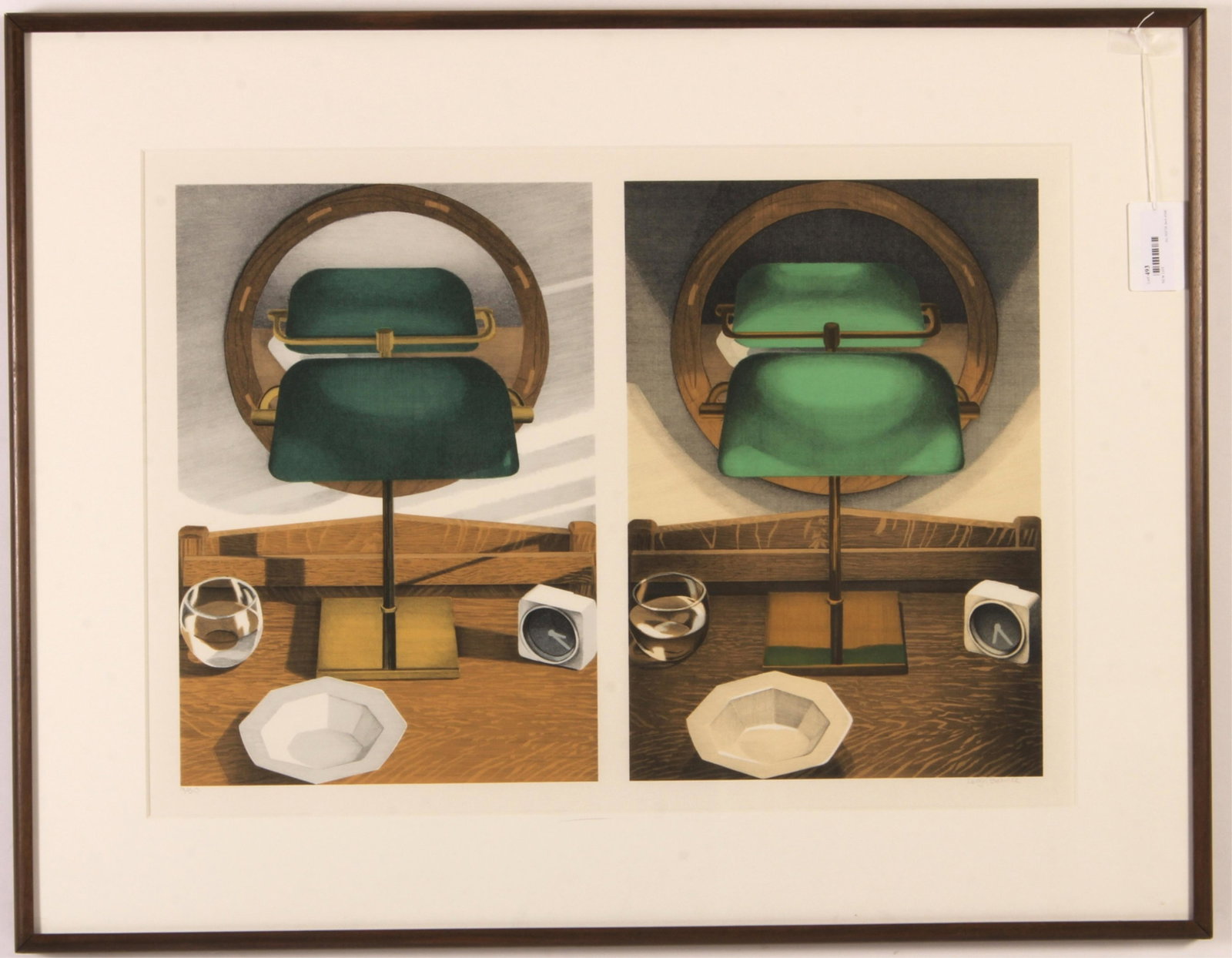 Leigh Behnke, "Light Study with Mirror #1" Litho: Leigh Behnke (American B. 1946). "Light Study with Mirror #1" Silkscreen, lithograph. Signed lower right. 1981. 9/50. Walnut frame. 19 x 28.25 Framed: 30 x 39.25 Property from the Milbank Collection. 