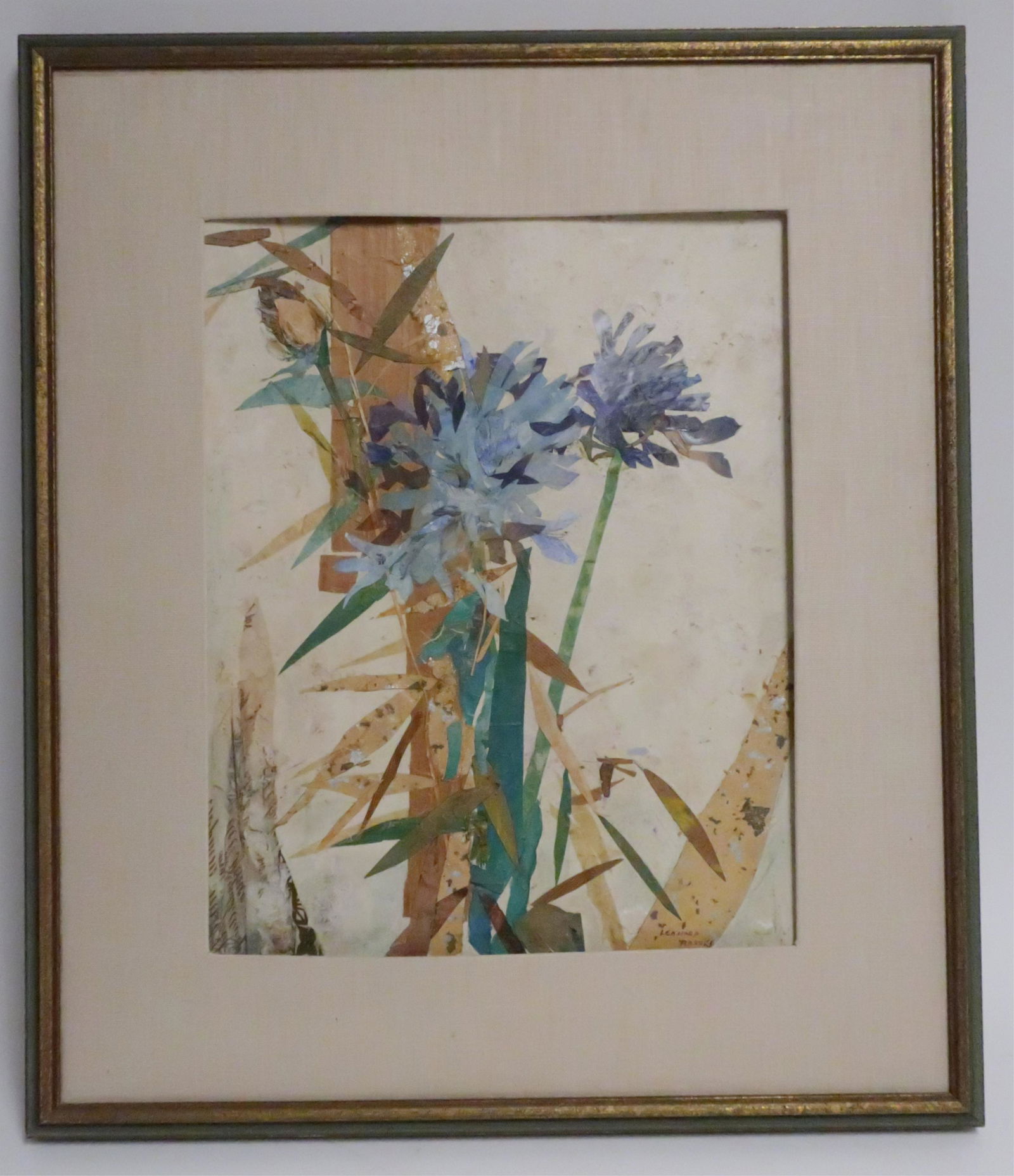 Leonard Brooks "Agapanthus", M/M: Collage and acrylic, signed with Gallery label verso, the artist Canadian, active in San Miguel de Allende, 1911 - 2011. 18x15, framed 28x24 (DCUN8827)(TC)