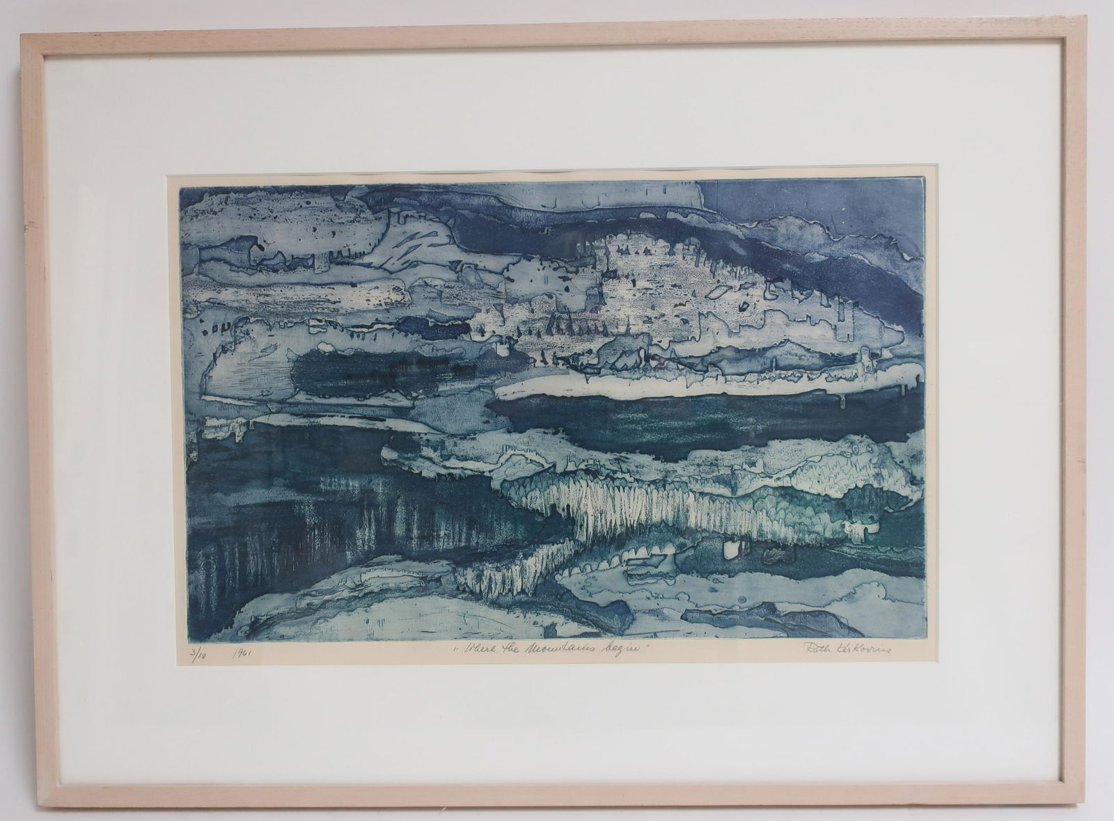 Ruth Kerkovius, "Where the Mountains Begin": Ruth Kerkovius (American B. 1921). "Where the Mountains Begin" Etching. Signed lower right. 1961. 3/18. Maple frame. 10.75 x 17.5 Framed: 18.5 x 25 Property from the Milbank Collection. (MTHM495)(EL)