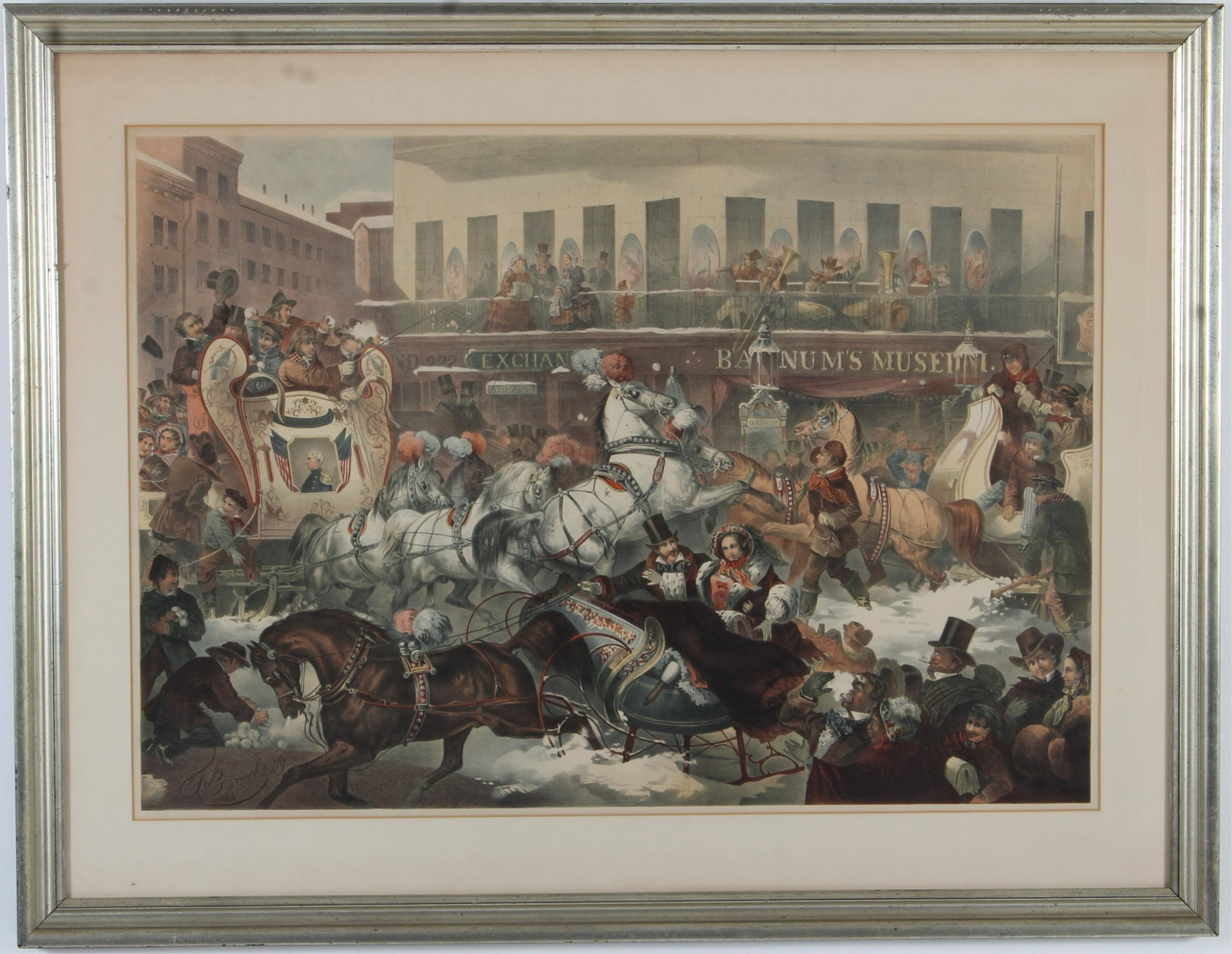 Thomas Benecke "Sleighing in New York" 1870 Litho: plate signed and dated lower left, woman in sleigh purportedly Jenny Lind, with the Barnum Museum in the background and the artist possibly peering out at us in the lower right hand corner image 21.5 