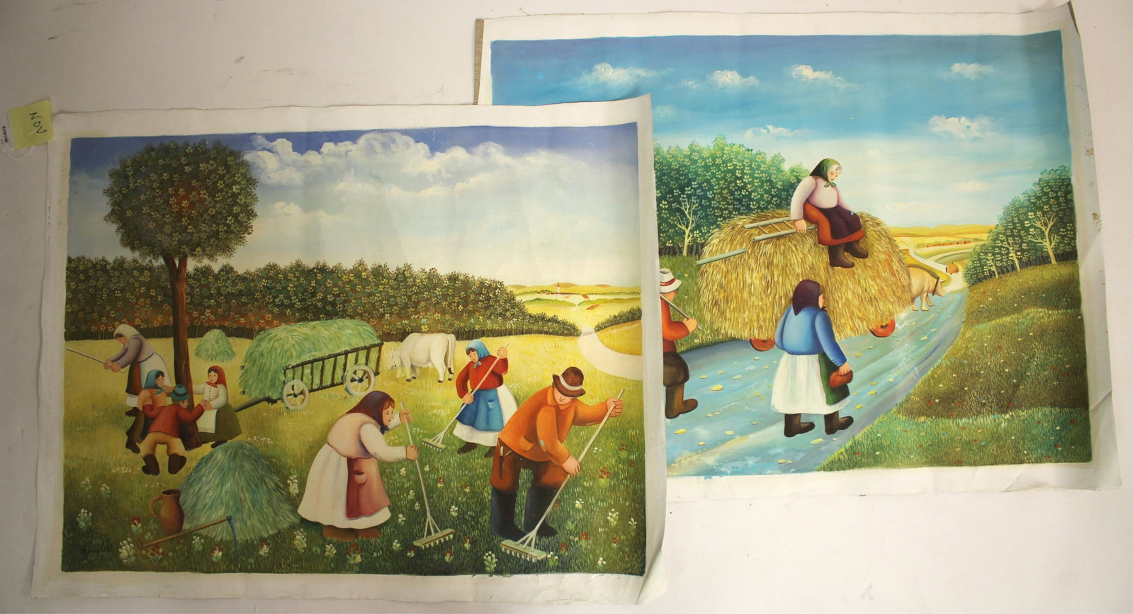 A. Kowalski - 2 Primitive Peasant O/C: A. Kowalski, Polish/Hungarian, b. 1925/6, 2 Primitive Style Peasant Figures Haying, Oil on Canvas, signed lower left (2 PC.) 30" x 40" unstretched (BEL9375/2)(WT)