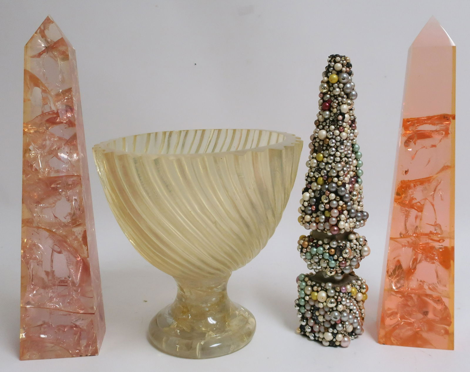 Pr Crackled Resin Obelisks, 1 Bowl with Obelisk: Pair Crackled Resin Obelisks and 1 Bowl with Beaded Obelisk (4 pc.) Largest 19 3/4" H Property from the Estate of an Important New York Modernism Dealer. (NJWA200/4)(MS)