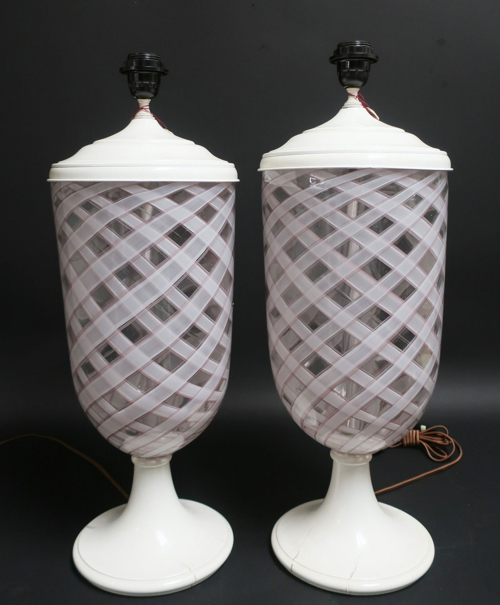 Candy Cane Pink/White to Clear Glass Lamps, 1950's (1 of 4)