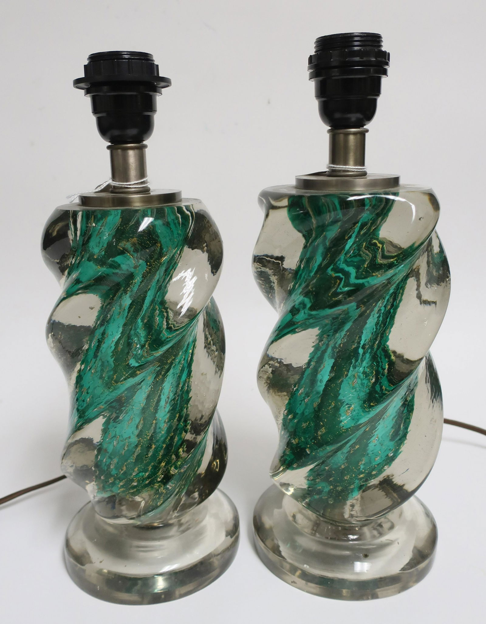Pr Italian Mid C. Gilt, Green & Clear Glass Lamps (1 of 4)