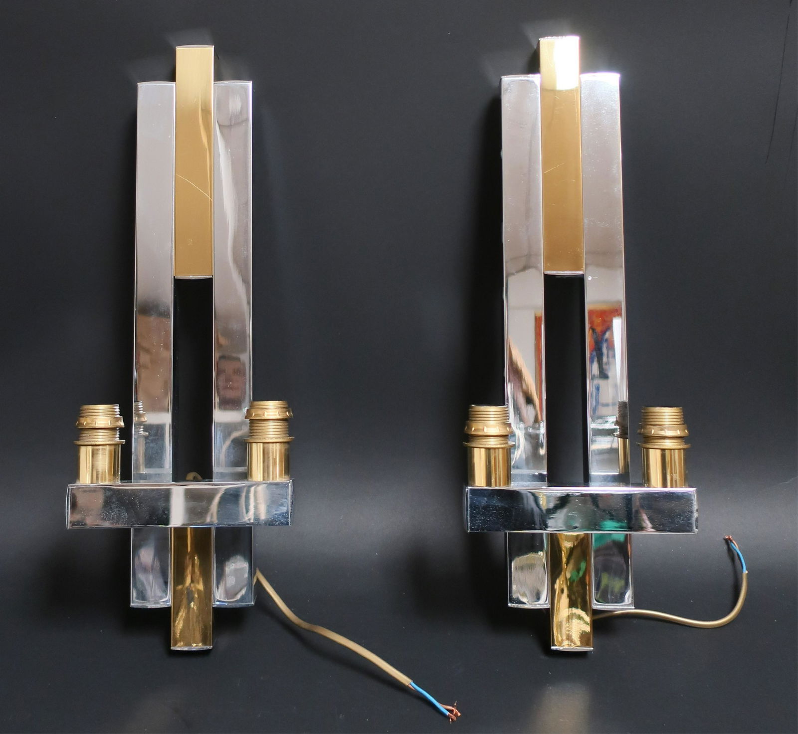 Pr Chrome & Brass "City Scape" Sconces, Evans (1 of 5)