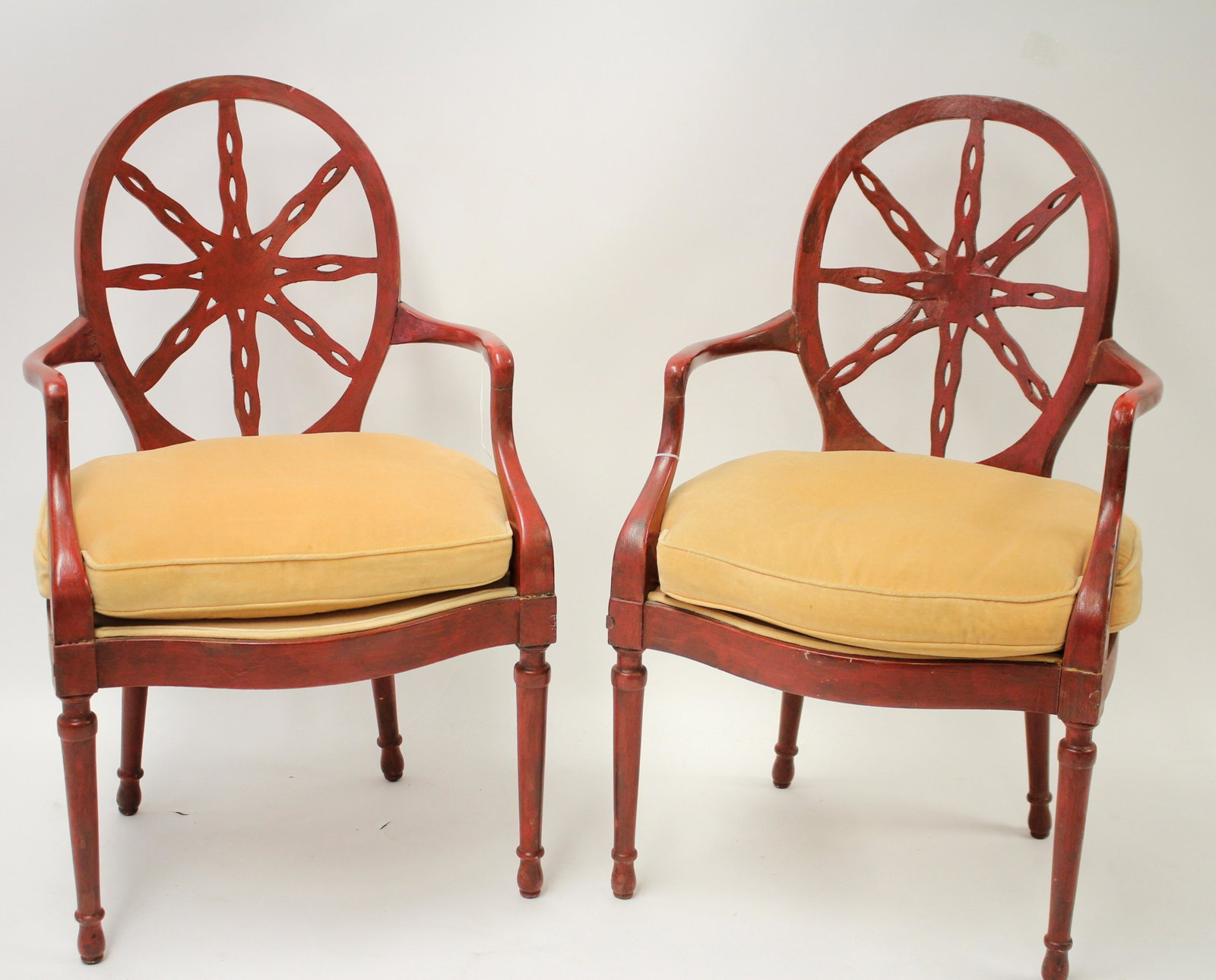 Pair of George III Style Lacquered Wheelback Armch: Scarlet coloring 37.5 H x 22.75 W x 24 D From a high-end Candlewood Lake contemporary home (PCHA912)(MS)