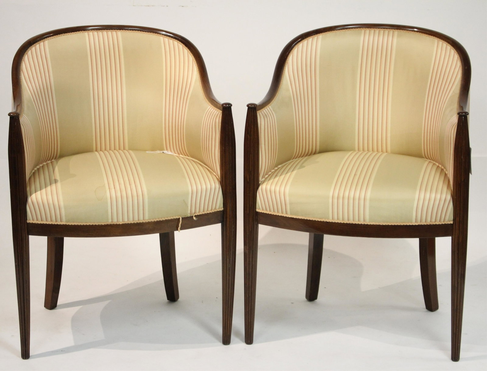 Pair French Deco Beechwood Bergeres, c.1930: Pair of French Art Deco Stained Beechwood Bergeres, circa 1930, upholstered in a striped silk (2 pc.) Property from the Estate of an Important New York Modernism Dealer. (NJWA162/2)(MS)