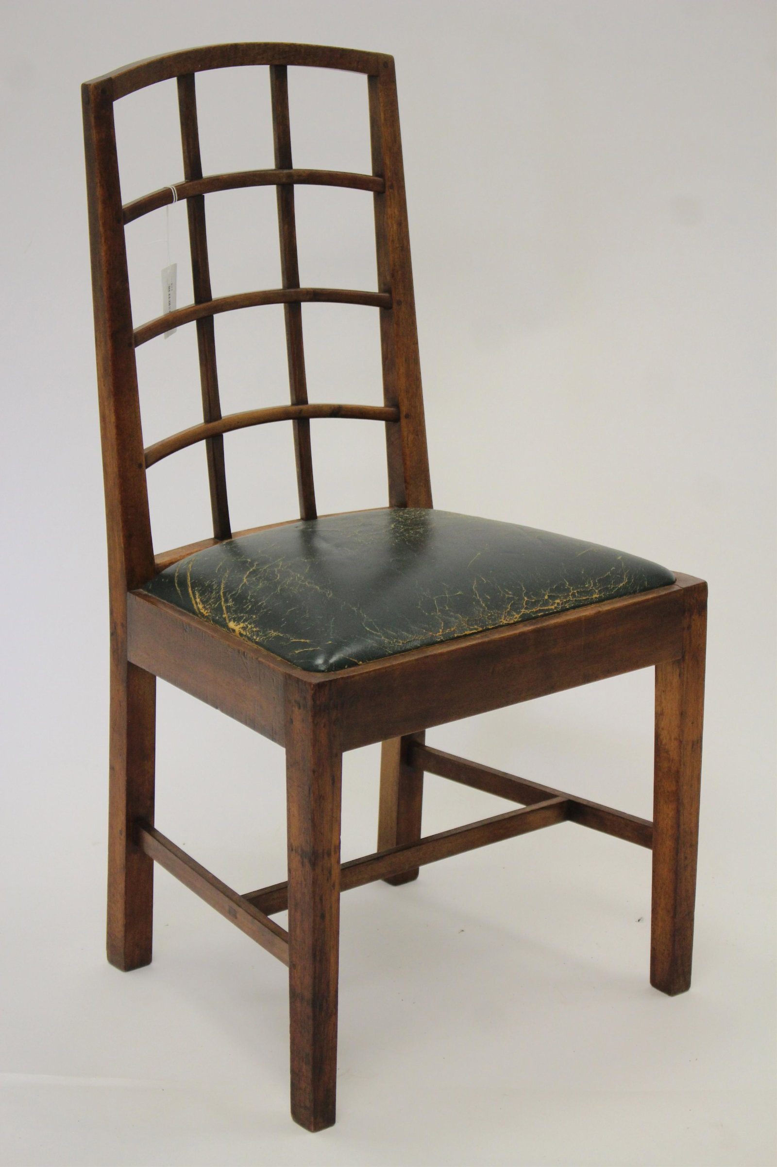 Barnsley Workshop Walnut Closed Lattice Side Chair: Subtly up-tapered back with arched horizontal spindles, beveled side vertical spindles; pegged joints; rabbeted slip seat support. Solid, tight. (Pictured with the desk, also in this auction, in "Edwa