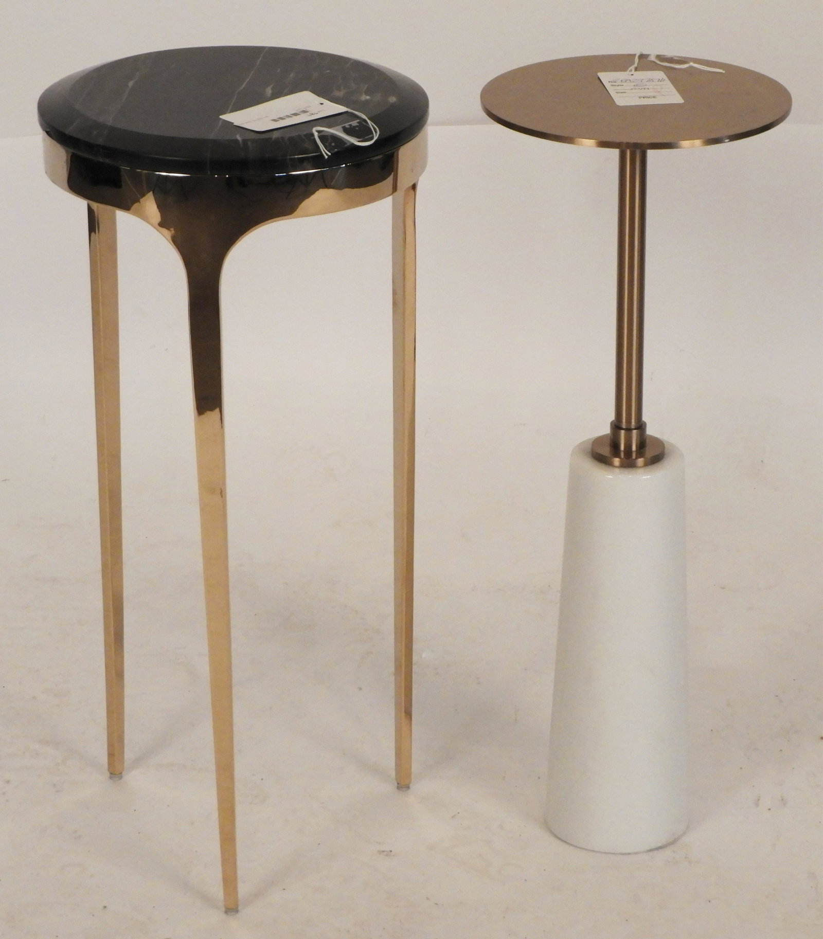 2 Interlude Marble and Brass Cocktail Stands: 2 Interlude Home Marble and Brass Cocktail Stands, "Beck 21x10, 21 x 8 Property from the Estate of Edward Bazinet (EBAZ9787/2)(MM)