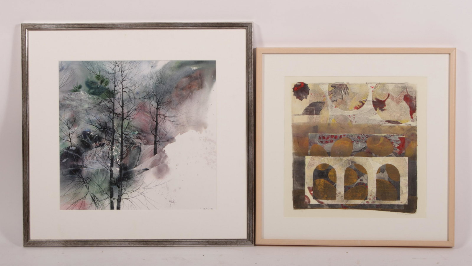 Christine York W/C & Susan Webster Litho.: York: trees in landscape, signed C. York LR; clean mat, contemporary silver finish frame. Webster: edition 1/1 LL, signed LR in pencil; clean mat, contemporary wood frame Dimensions: C.Y. sight 19"H x
