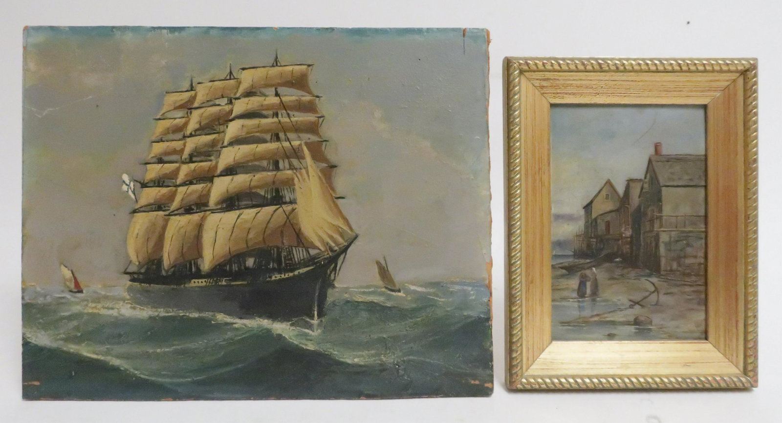 2 Nautical Themed O/B: "Pamir" 4 Masted & Other: 1)The Pamir (c.1905) , Finnish flag; impasto texture, signed LR (not legible). 2) possibly Dutch seaside buildings, tidal, 2 figures, large ships, initialed LR, old backing paper, antiqued gold frame 