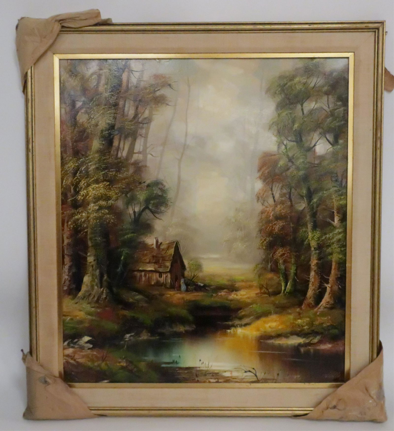 "Cottage in Woods by a Stream" O/C signed LR (1 of 3)