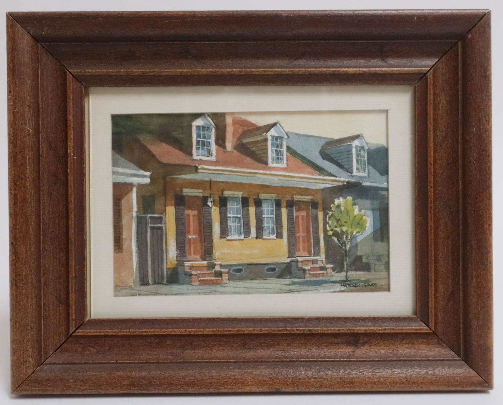 Harrel Gray 1911-1979?, "Bourbon St Cottage" W/C: Harrel Gray, American-Louisiana, 1911 - 1979?, "Bourbon Street Cottage", watercolor, signed, titled and signed verso. Dimensions: 4x6.76, framed 8x10