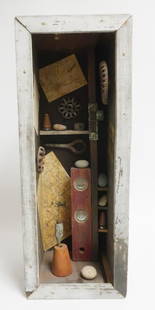 Style of Joseph Cornell, 20th C.,assemblage: In the Style of Joseph Cornell, 20th C., Balance, mixed media, assemblage, by artist Julie Schieffelin, https://www.julieschieffelin.com/ Dimensions: 28 1/2 x 11 x 9