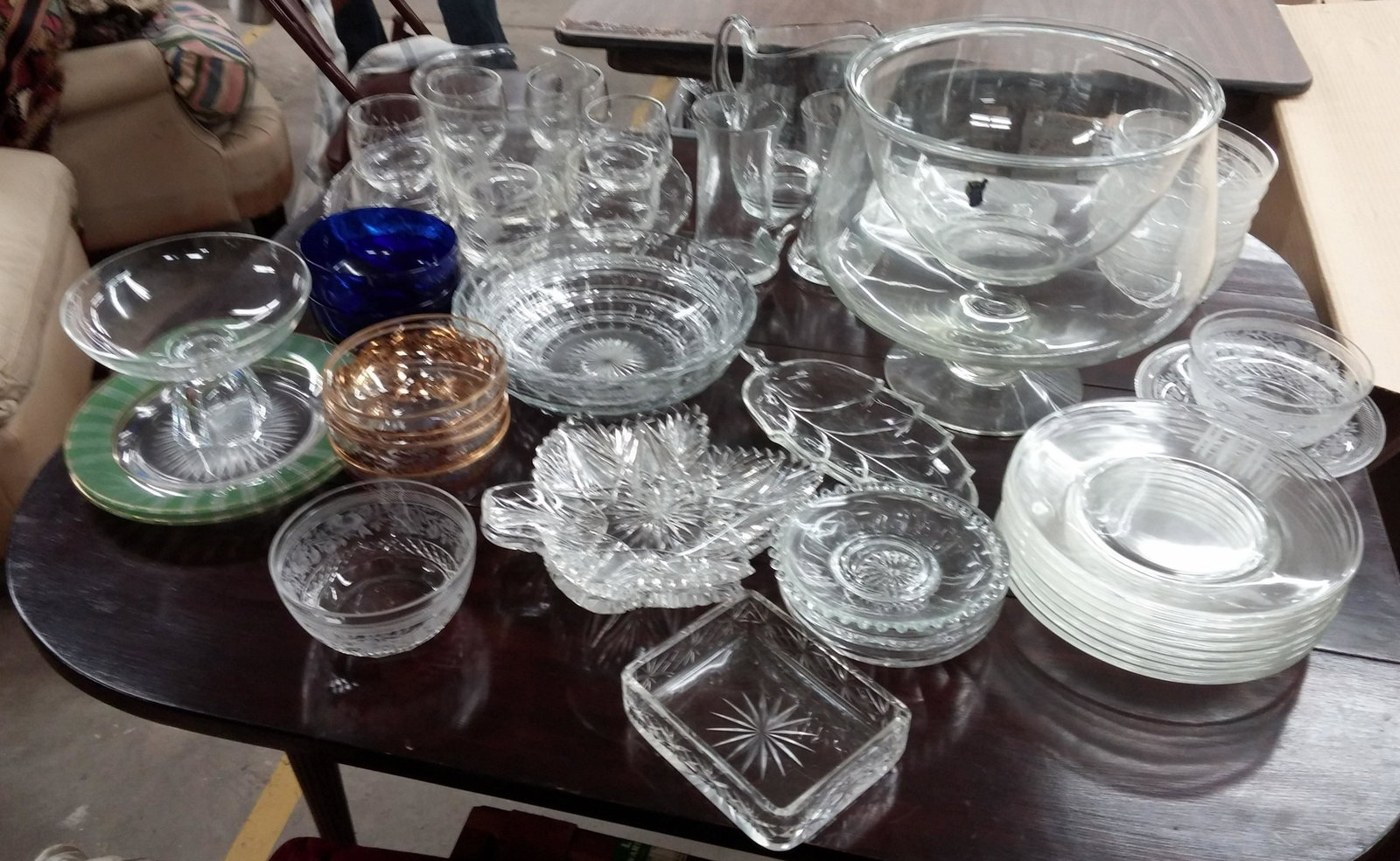 Grp. of Vintage Entertainment Glassware: Group of Vintage Entertainment Glassware, includes Weston West Virginia Chilling Bowl, Wheat etched wine cooler glasses and platter, glass tazza, RCW monogrammed plates, leaf shaped serving bowls(appr