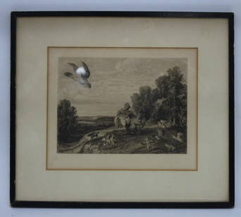 Print of Frans Snyders (1597-1657) Etching: Titled "Hawk Attacking Hen and Chickens".Later print of original etching. Dimensions: plate image 6 1/8"H x 8 3/8 framed 12.5 x 14.5