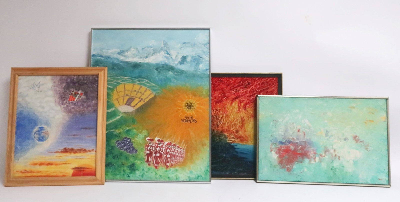 Sevim Eker, Group of (4) Abstract Paintings: "Garden of Eden" signed and dated 1970. "Fete des Vignerons" signed and dated 1977. "Devil with Rocket" signed and dated 2003. "Red Sunset" Dimensions: Largest frame 30.5 x 24.25