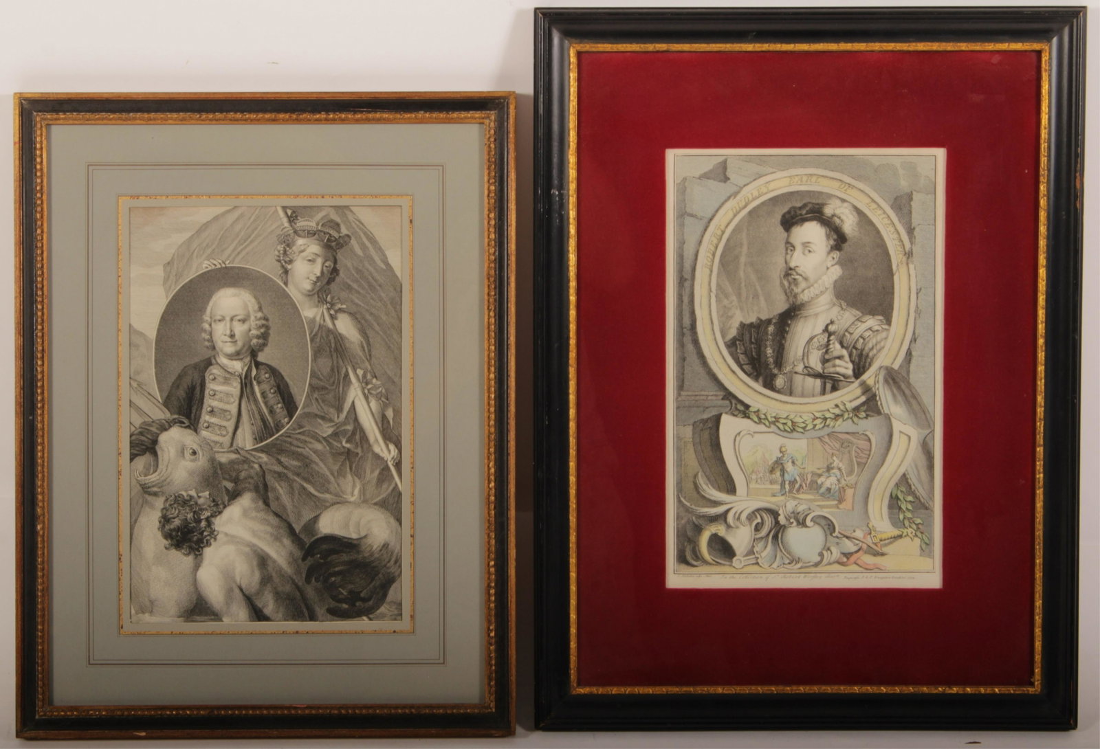 Houbraken Portrait engraving & other: Jacobus Houbraken, Dutch, 1698 -1780, Portrait of Robert Dudley Earl of Leicester, hand colored engraving along with a framed engraving featuring Poseidon and Triton Dimensions: 24 x 18 and 21 x 17 fr