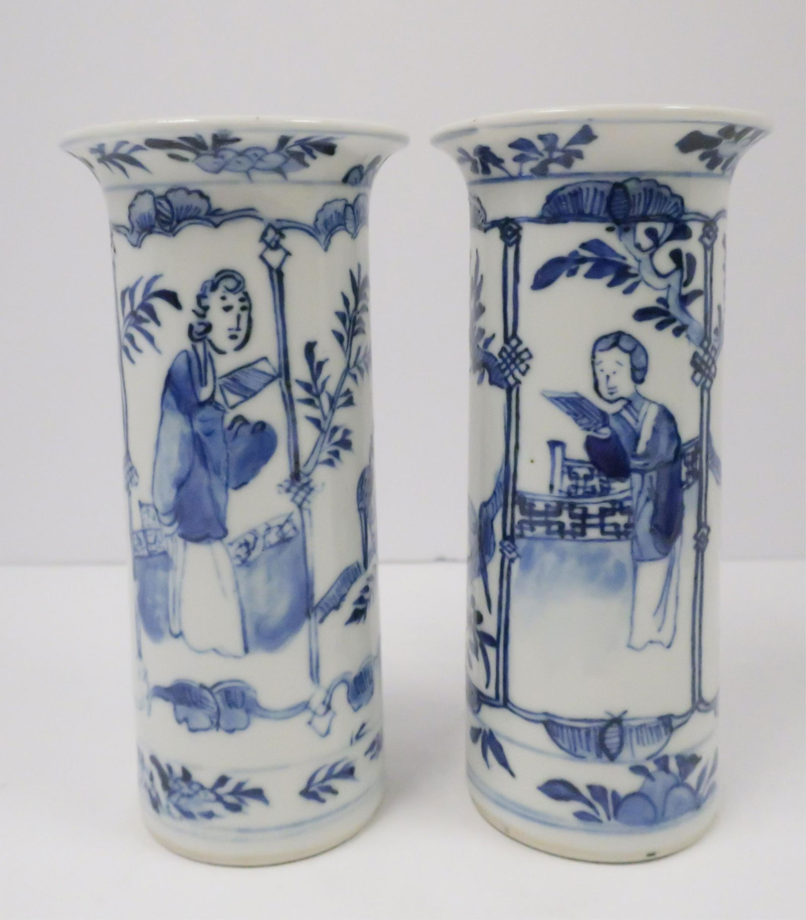 Pr Chinese Blue & White Cylindrical Vases (1 of 4)