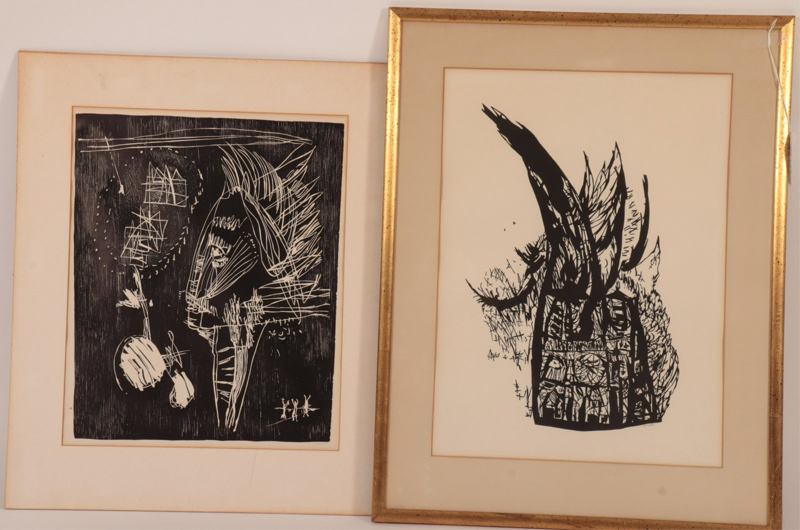 2 Arno Vihalemm (1911-1919) Woodblock Prints: (Estonian/Swedish). On paper. Abstracted profile of a figure and a hut. Both pencil signed LR. Hut image is framed; figure matted, no frame. Dimensions: sight 21.5" x 15.75 & 18.75 x 15.25 framed 28.5