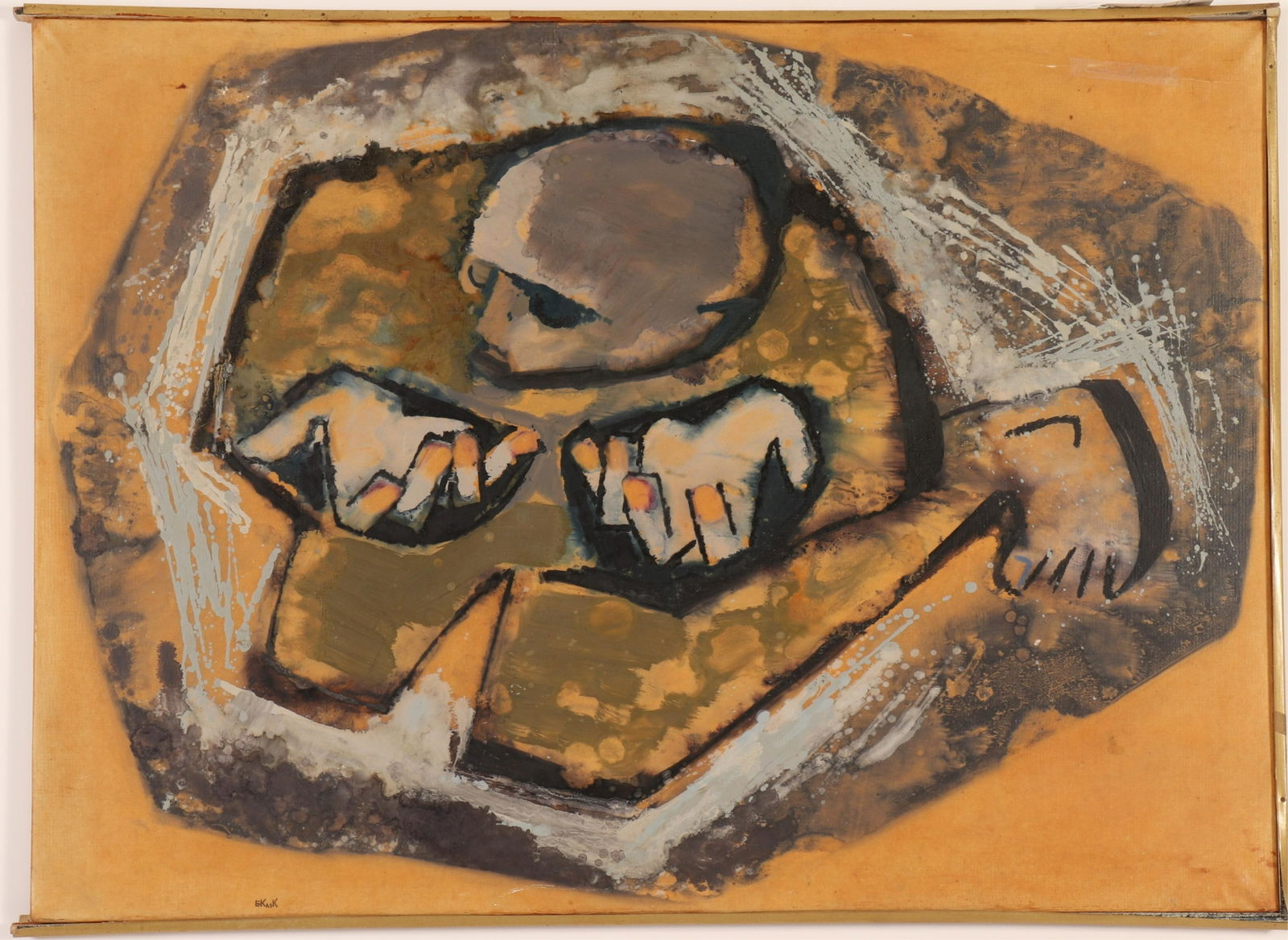 Eugen Kask (1918-1998, Ukranian) Abstract O/C: Lived in Sweden. O/C on board. Abstract crouching figure in greys, tan/yellow. Thin wood, partial disrepaired frame. "No.13 Jag Stackars Fattig Manniska" verso. No glass. Dimensions: sight 23.25"H x 3