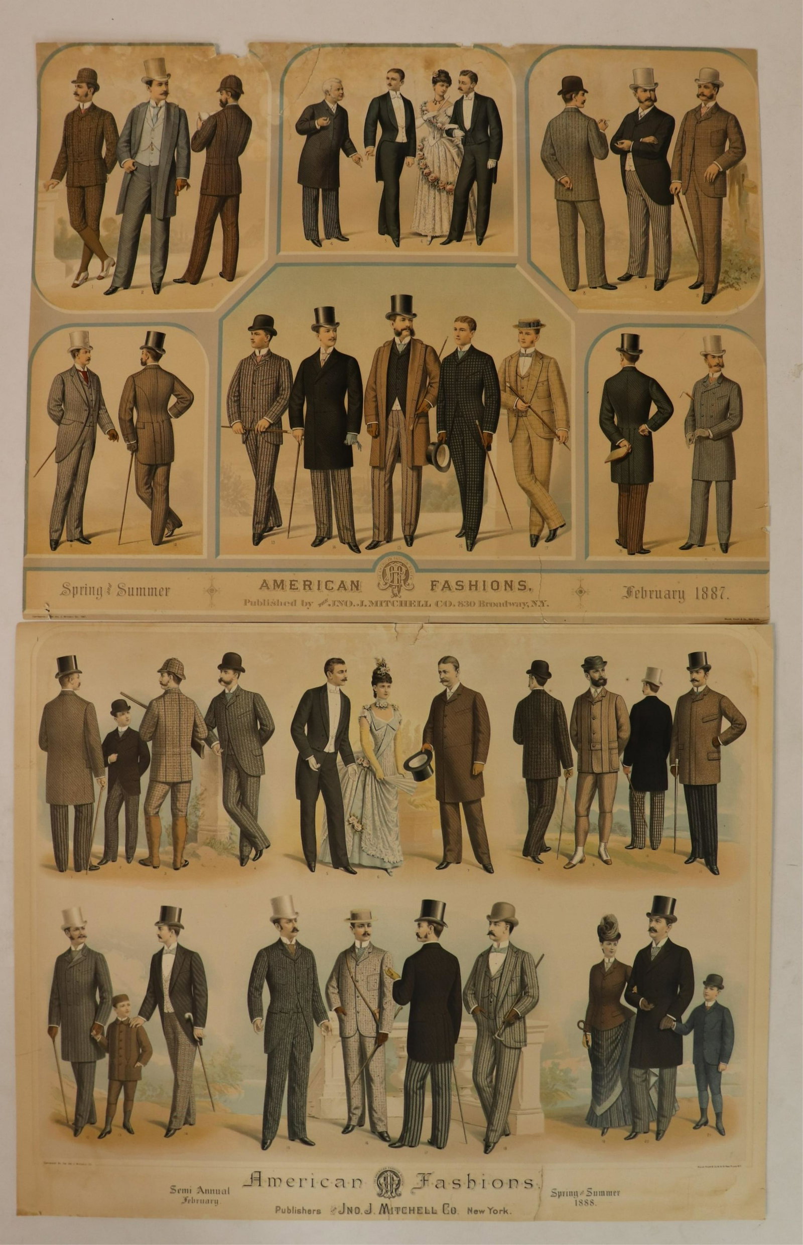 Victorian Men's Fashion Lithos, by Jno.Mitchell Co: Victorian Fashion Lithographs, "American Fashions, Spring and Summer, 1888 and 1887 by The Jno J. Mitchell Co. N.Y. with mats for framing Dimensions: 21 x 27 (ESCR1151/2)(MM)