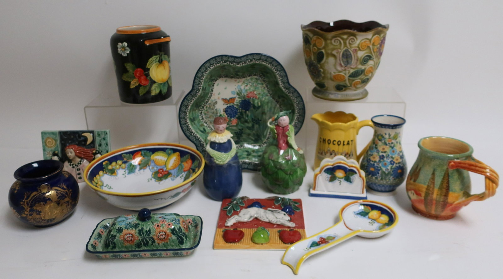 Grp of mostly European 20th C. Pottery: includes Deruta, Limoges, Unikat, Tile by Fire W. Anderson, and other signed pieces Dimensions: varies from 4" x 7 1/2" to bowl at 14 1/2" diameter (JSAY1162/15)(MM)
