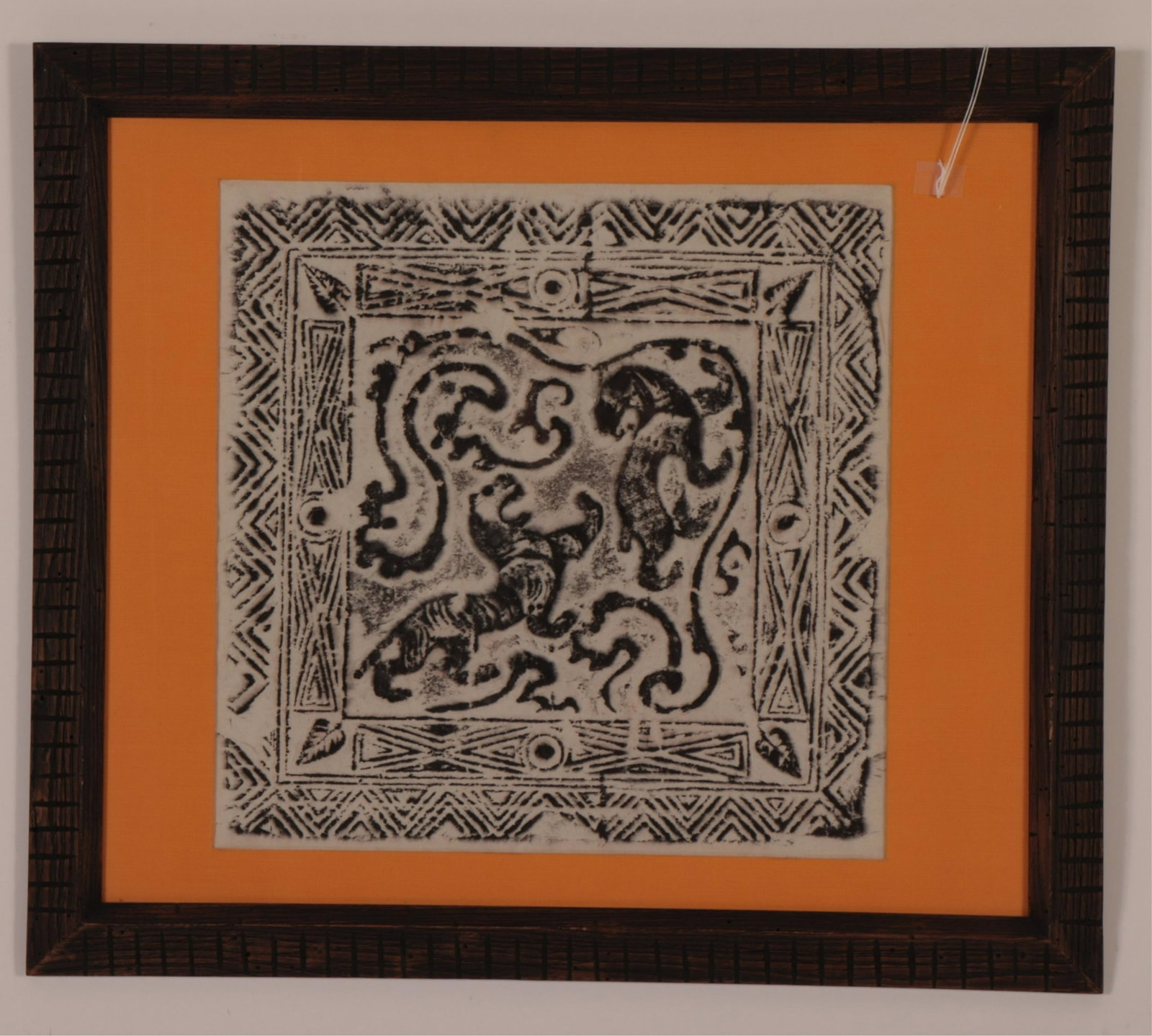 Rubbing "Tigers & Scrolls": Rubbing "Tigers & Scrolls" taken from a terracotta wall tile of the Han Dynasty Dimensions: Image 15" x 15", Frame 22" x 25" (ESCR1182)(WT)