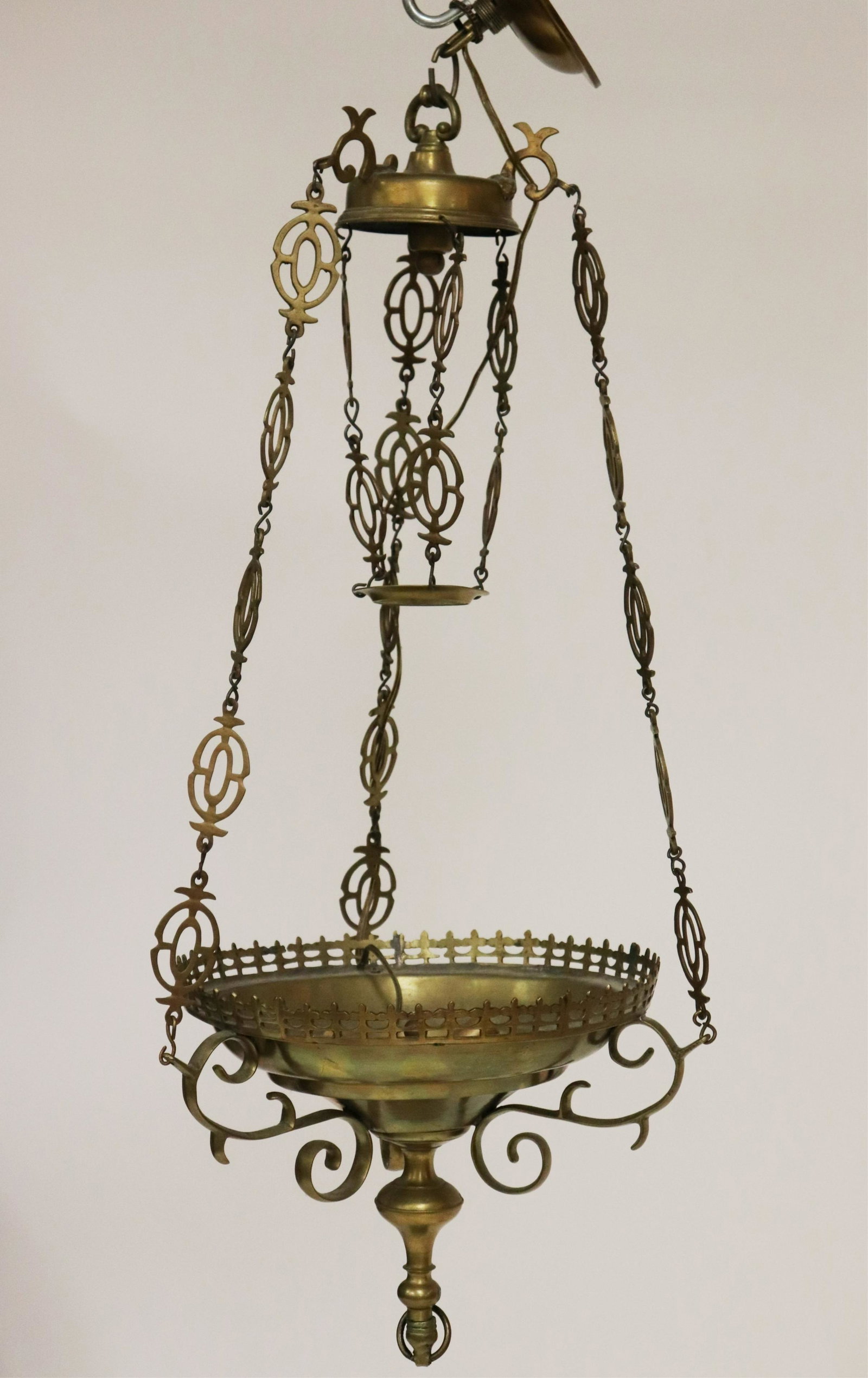 Brass Hanging Ceiling Fixture: Brass Hanging Ceiling Fixture, dome shape Dimensions: Main section 12" H x 13" dia. (WECH1233)(WT)