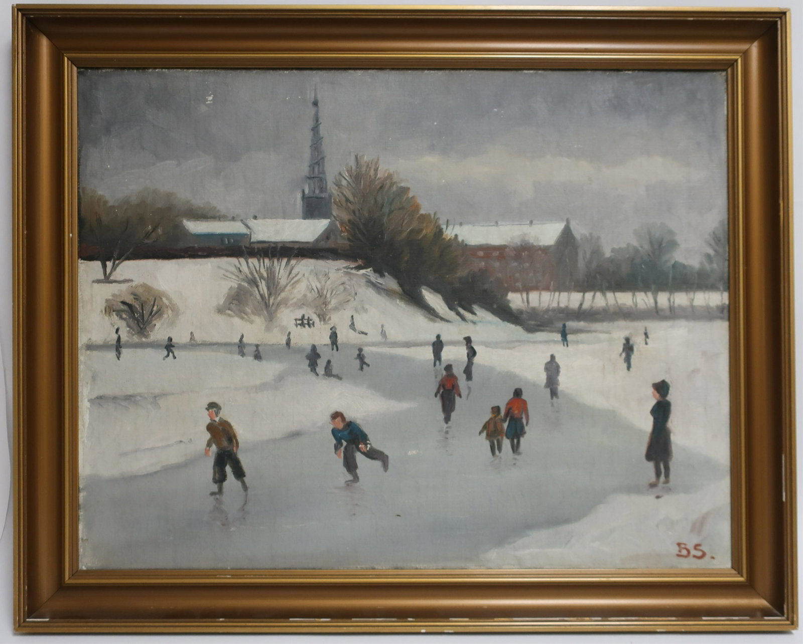 J. Bisqaard Sorensen, "Ice Skaters on a Pond": J. Bisqaard Sorensen, Scandinavian, Early 20th C., "Ice Skaters on a Pond", Oil on Canvas, signed with initials BS lower right Dimensions: 19 1/2" x 25 1/2", Frame 29" x 23 1/2" (TUDO1251)(WT)
