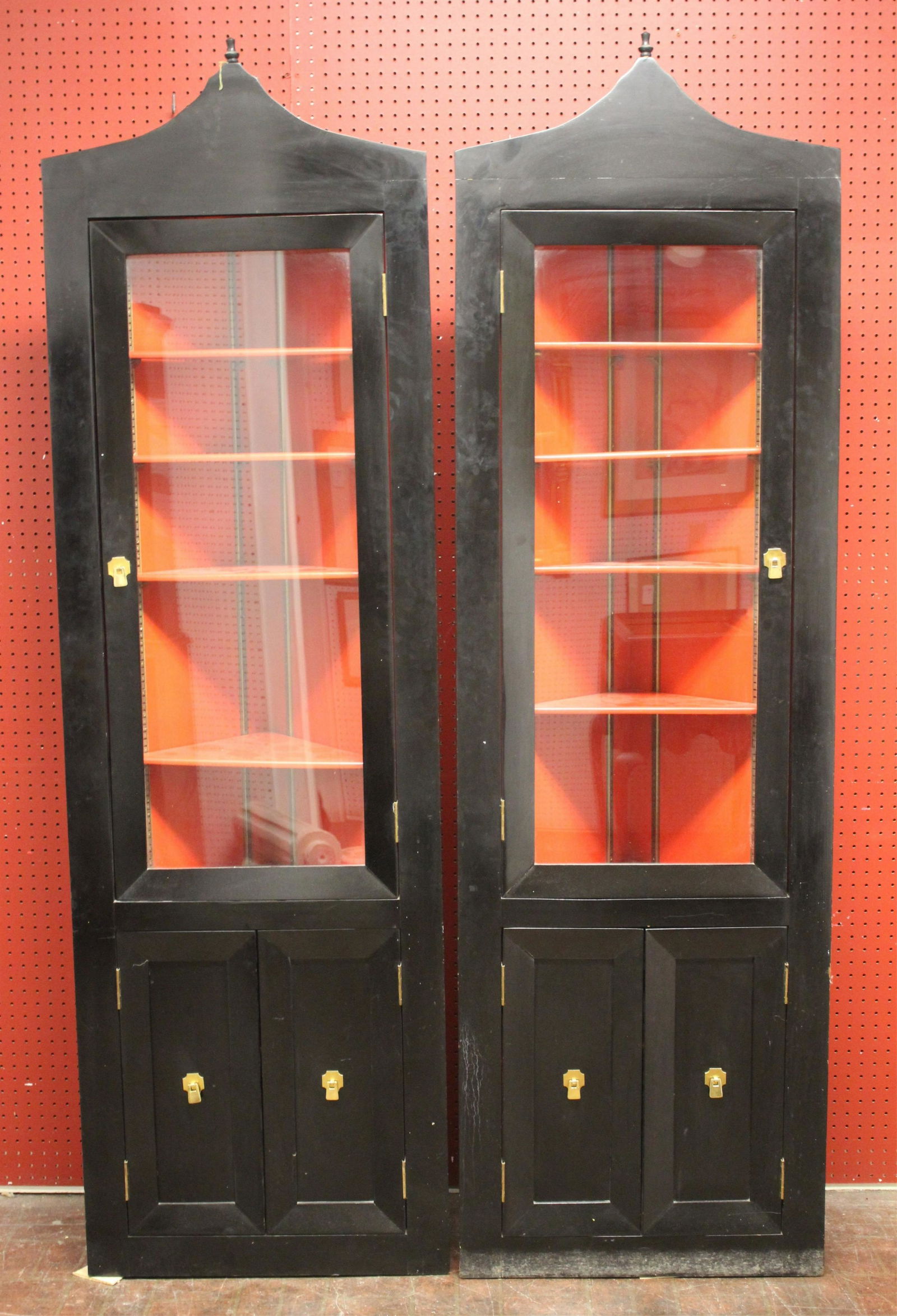 Pair Chinese Style Black Lacquered Corner Vitrines (1 of 2)