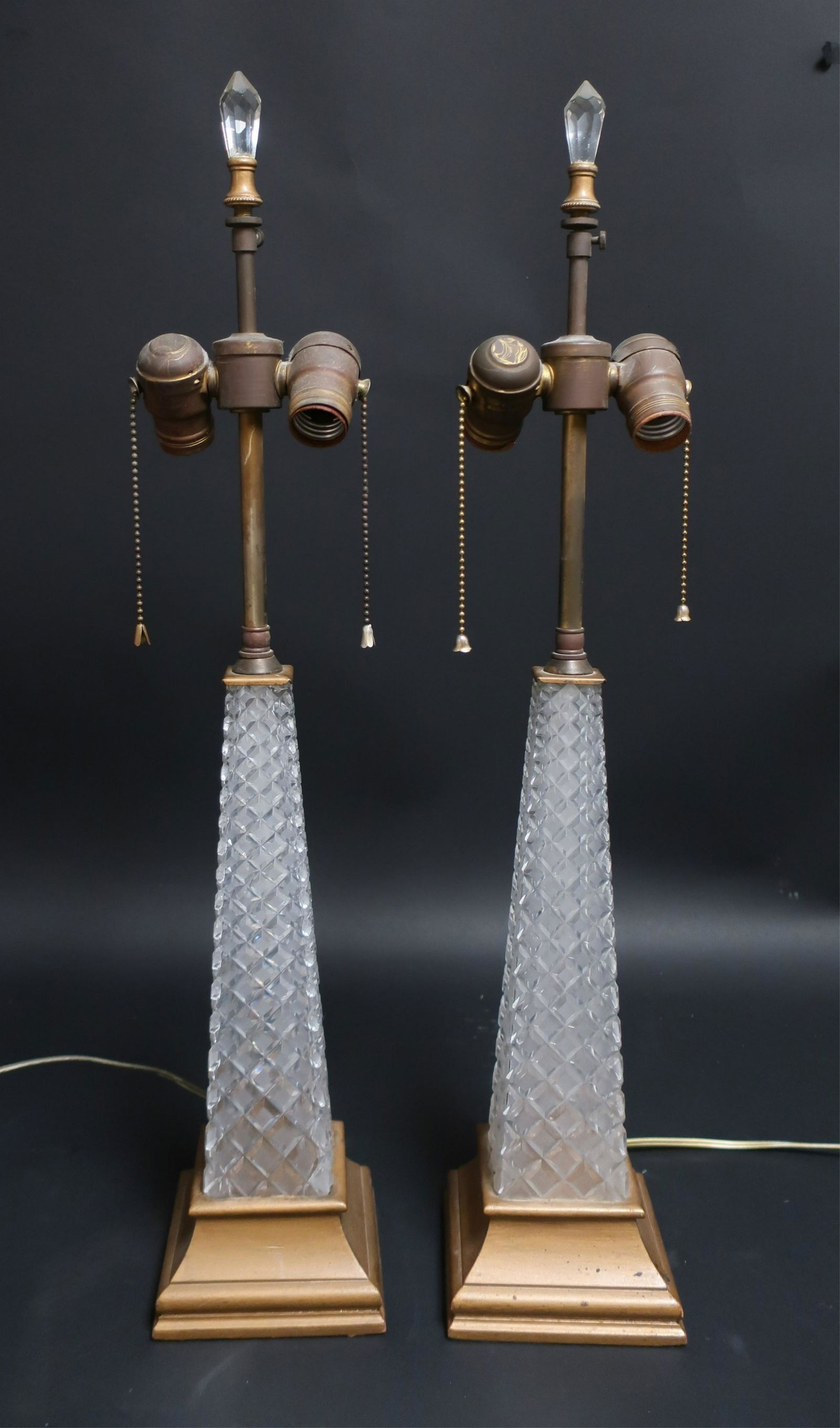 Pair Baccarat Style Cut Glass Obelisk Lamps (1 of 4)